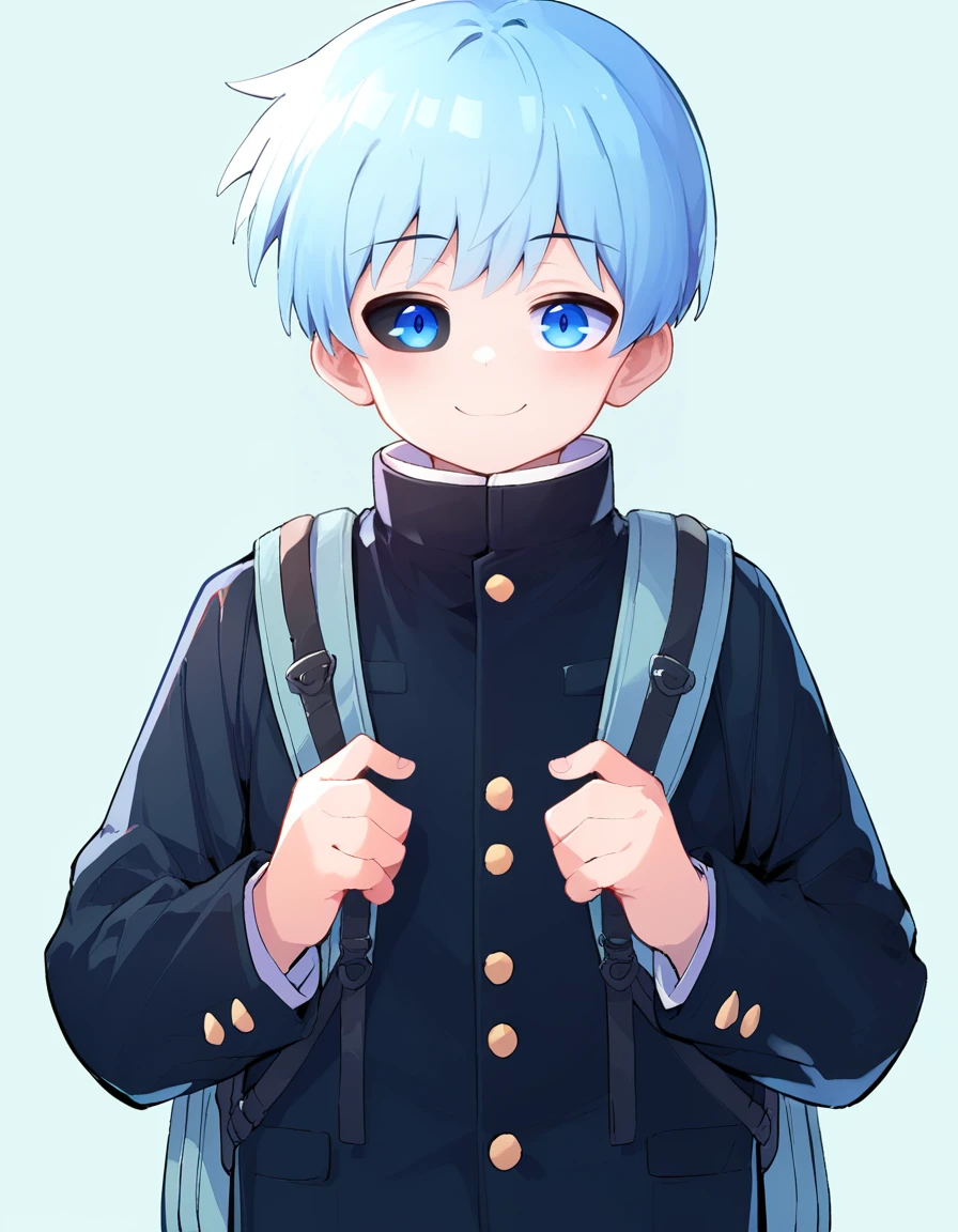 zPDXL,<lora:Nanao:1>,nanao,solo,1boy,male focus,blue eyes,smile,looking at viewer,backpack,(mismatched sclera:1.2),(black sclera:0.5),colored sclera,school uniform,closed mouth,bag,gakuran,cowboy shot,