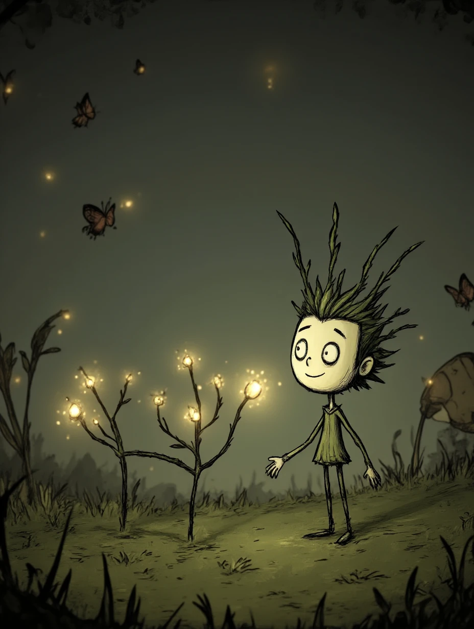 Juaner_dsstyle,
A mischievous sprite, their tiny form aglow with a soft, verdant light, leads a troupe of curious fireflies on a whimsical dance through a twilight-kissed meadow, their laughter tinkling like delicate bells.