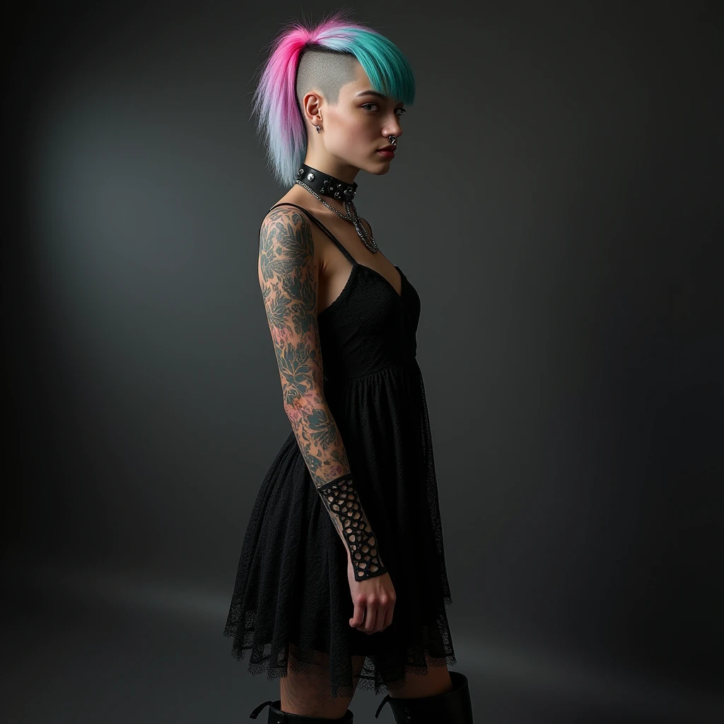 a detailed realistic photo of k3rosene standing in a photo studio being photographed. Her hair is styled in a medium length colorful undercut without sideburns and the shaved portions of her scalp are shaved completely. She is wearing Goth inspired lace dress and has a nose ring, a leather choker and is wearing knee higheeled leather boots. 
high detailed skin textures and a random expression on her face
 <lora:k3rosene:1>