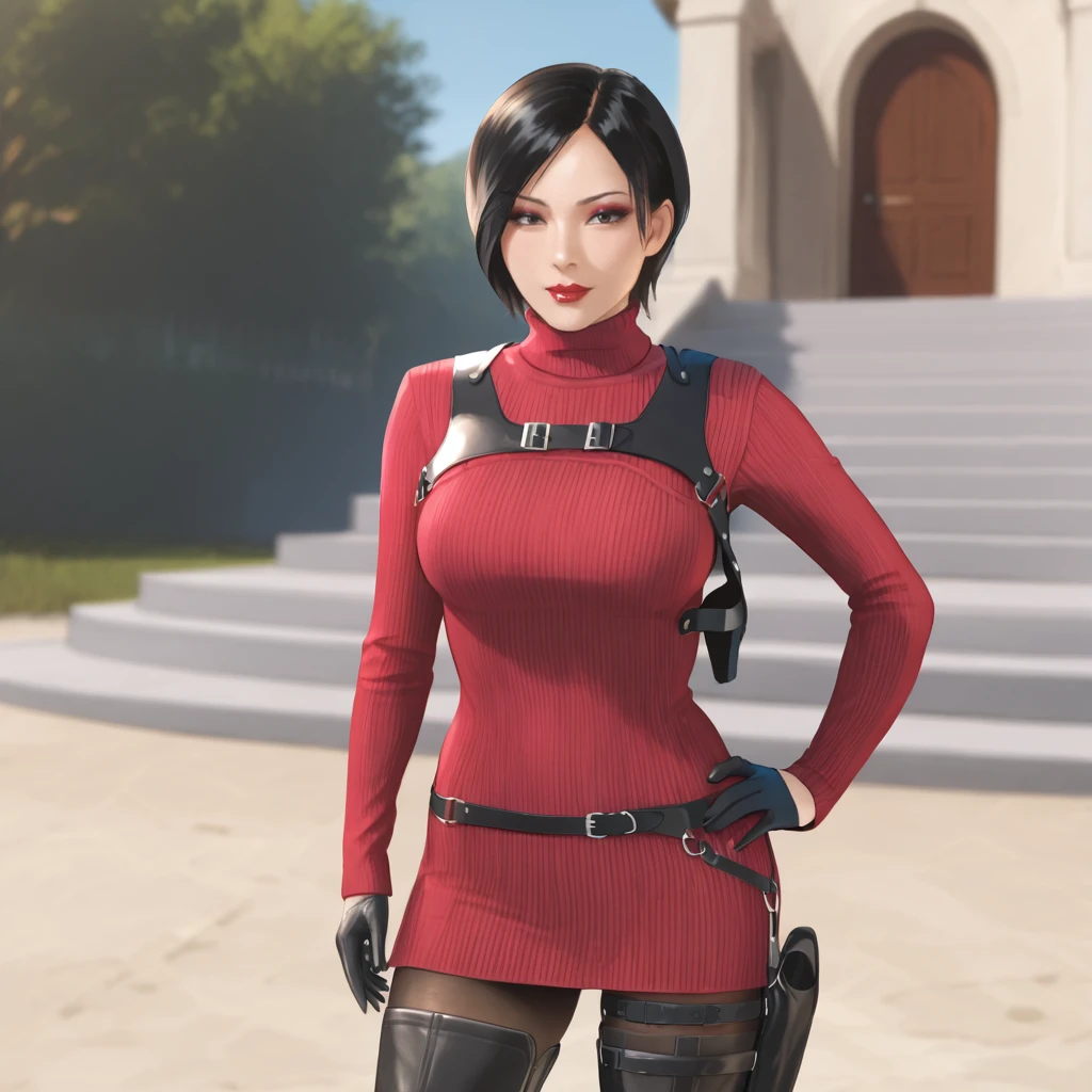 <lora:adawongresidentevil4remake_pony_v1:1>AdaResidentEvil4Remake, 1girl, shoulder holster, black gloves, large breasts, short hair, black hair, thighhighs, pantyhose, thigh holster, sweater, turtleneck, breasts,cowboy shot, hands on hips, lipstick,eyeshadow, cowboy shot