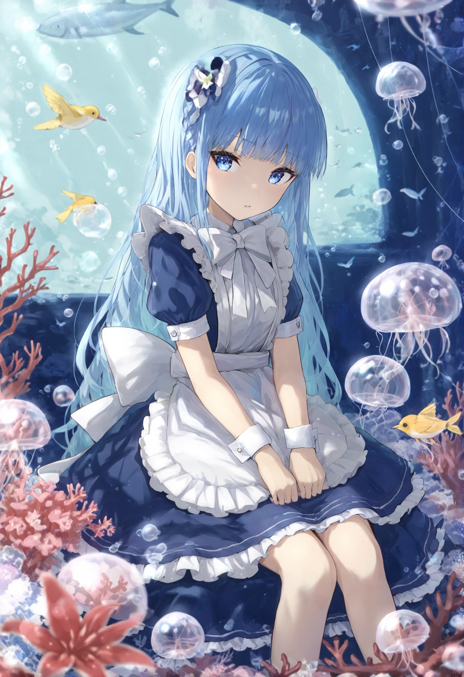 masterpiece, best quality, 1girl, solo, long hair, looking at viewer, dress, apron, blue dress, short sleeves, flower, bird, white apron, bubble, jellyfish, bow, puffy sleeves, wrist cuffs, fish, frills, blue theme, sitting, coral, white bow 
 <lora:hidulmeXLlokr4f-000178:0.95>