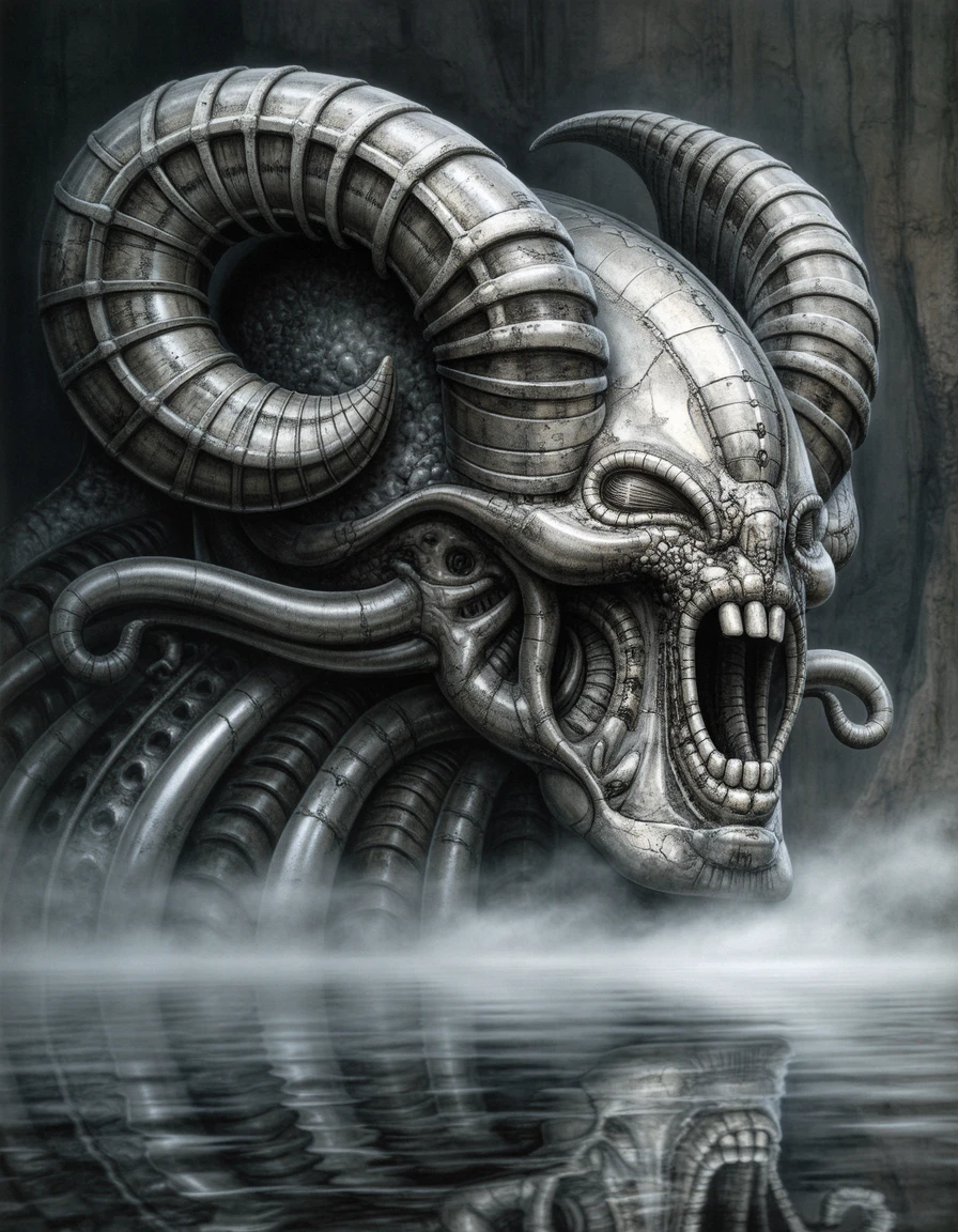 g1ger a giant face with horns eyes closed made out of metallic bone material, mist along the water, open mouth