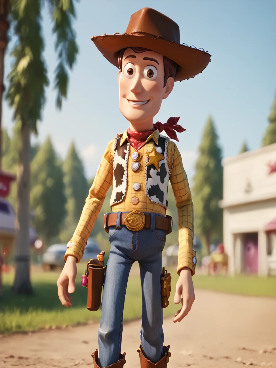 score_9, score_8_up, score_7_up,  score_6_up, BREAK, ToyWoody, solo, 1boy, brown eyes, smile, looking at viewer, brown hair, cowboy hat, pants, belt, vest, yellow shirt, cowboy boots, red bandana, jeans, holster,  sheriff badge  <lora:Woody_Sheriff-000009:1>