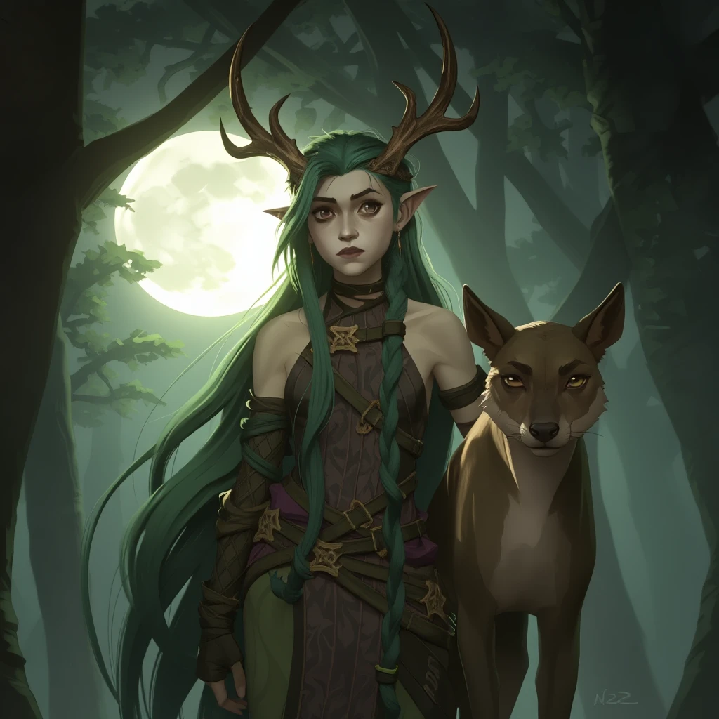 Jinx, the archdruid, wears a crown with antlers sprouting from it.  Her long green hair flows down her body.  She wears plant-like vines as clothing.  An animal companion stands resolute at her side. Moonlight filters in throught the trees in the background. The illustration gives off a sense of divine grace and beauty.  