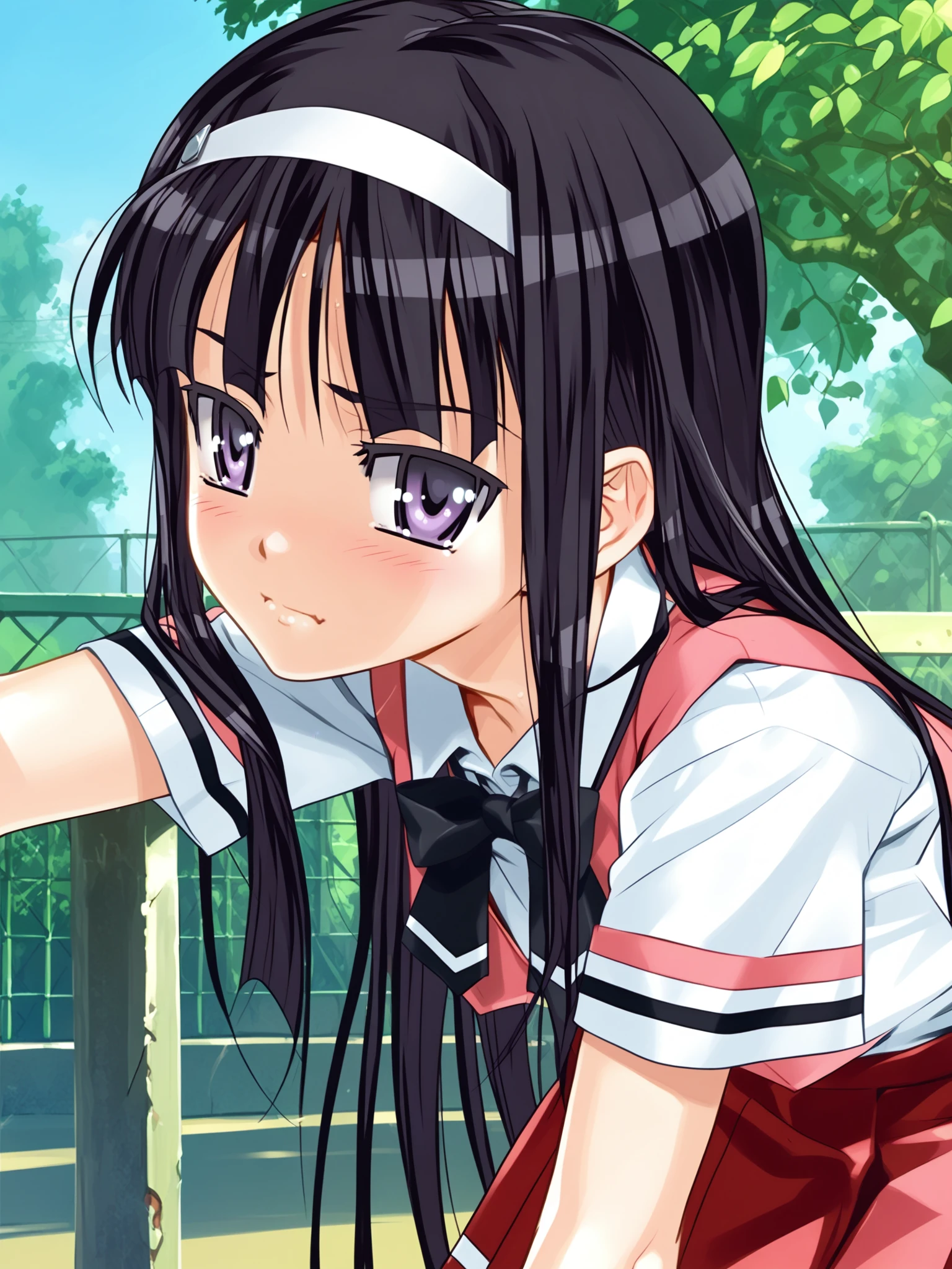 <lora:happy_tentacle-midori-v0.1-000040:0.9>, ht_midori, school uniform, red skirt, black bow, school yard , 1girl, solo, upper body , , ((wavy mouth:0.8) :1), , looking at viewer , bent over, downblouse , , score_9, score_8_up, score_7_up, score_6_up, score_5_up, score_4_up