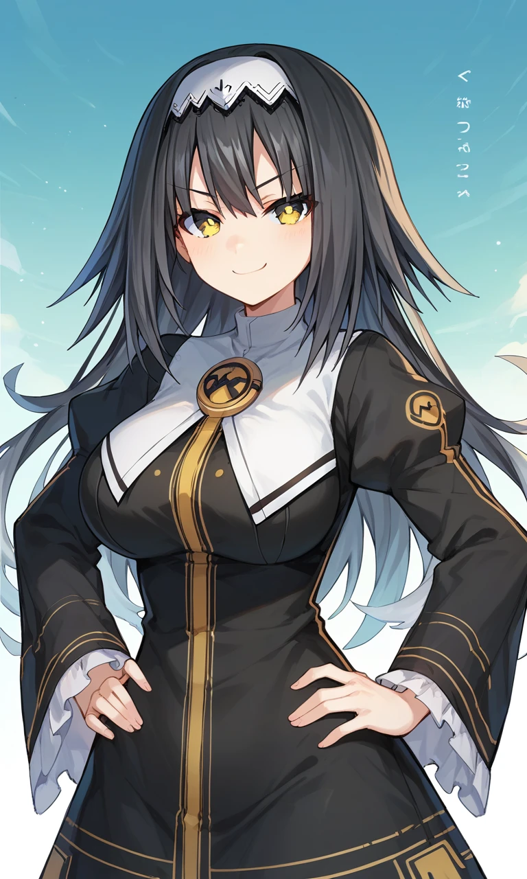 score_9, score_8_up, score_7_up, score_6_up, source_anime,arusu marina,yellow eyes,black hair with white strands,black sleeves,black outfit,white headband,jewelry,large breasts,smiling,smug,haughty,hands on own hips,