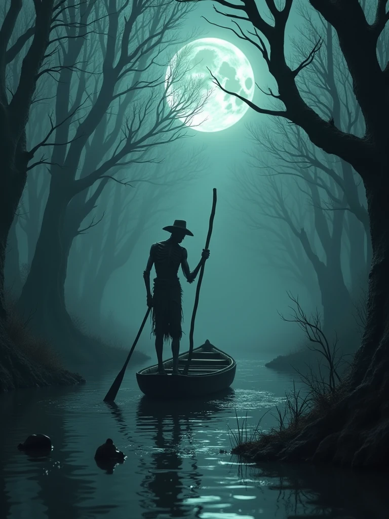 A desolate, moonlit swamp with thick, gnarled roots emerging from the murky water. A skeletal boatman, dressed in tattered rags, stands on a small wooden boat, pushing it slowly through the foggy water with a long, crooked pole. Dark shapes move beneath the waterâs surface, and a sense of something sinister lurking just below is palpable., xplus