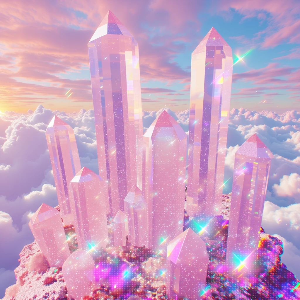 xdlx style, symmetrical, surreal landscape of massive crystal formations, aesthetic digital photo, stunning incredible sunrise, beautiful cloudy sky, vaporwave aesthetic, lens flare, chromatic aberration, glitched, data corruption, data mosh, cgi render