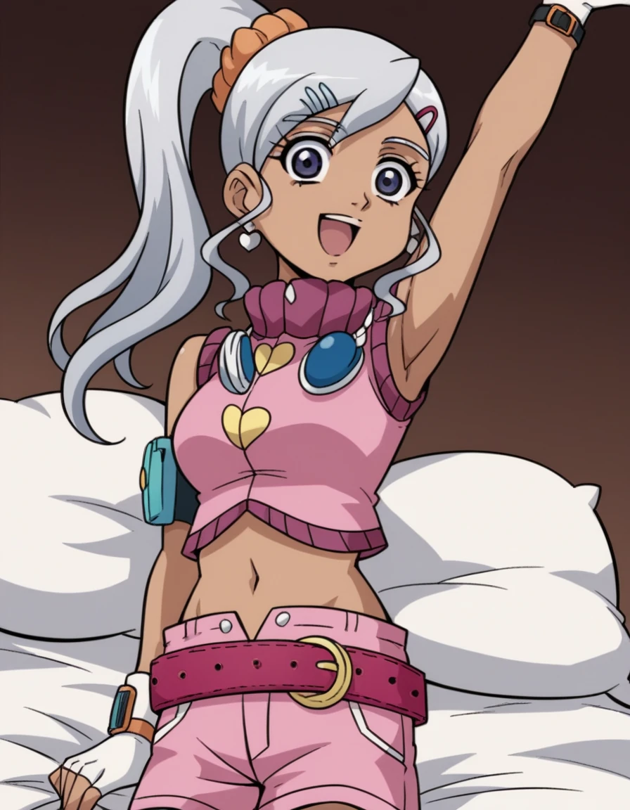 a boy in the air all in white with white hair and a purple cloth wrapped around his waist laughing putting one of his hand and fingers over his face to cover his eyes and other hand on his muscular abs, ultra realistic, high quality, detailed face