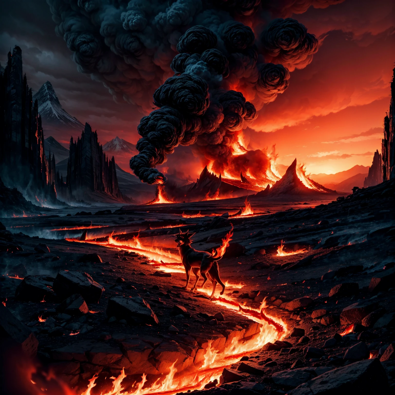 hellhound, on fire, (a hellhound: 1.1), (is patrolling through the elemental plane of fire: 1.1), red theme, setting sun, cloudy sky, red clouds, red smoke, black craggy mountains, <lora:fireperfectworld:0.8>, elementalplanefire, <lora:more_details:0.6>, high quality, highres, masterpiece, best quality, 8k, intricate, detailed, <lora:add_detail:0.6>, very detailed