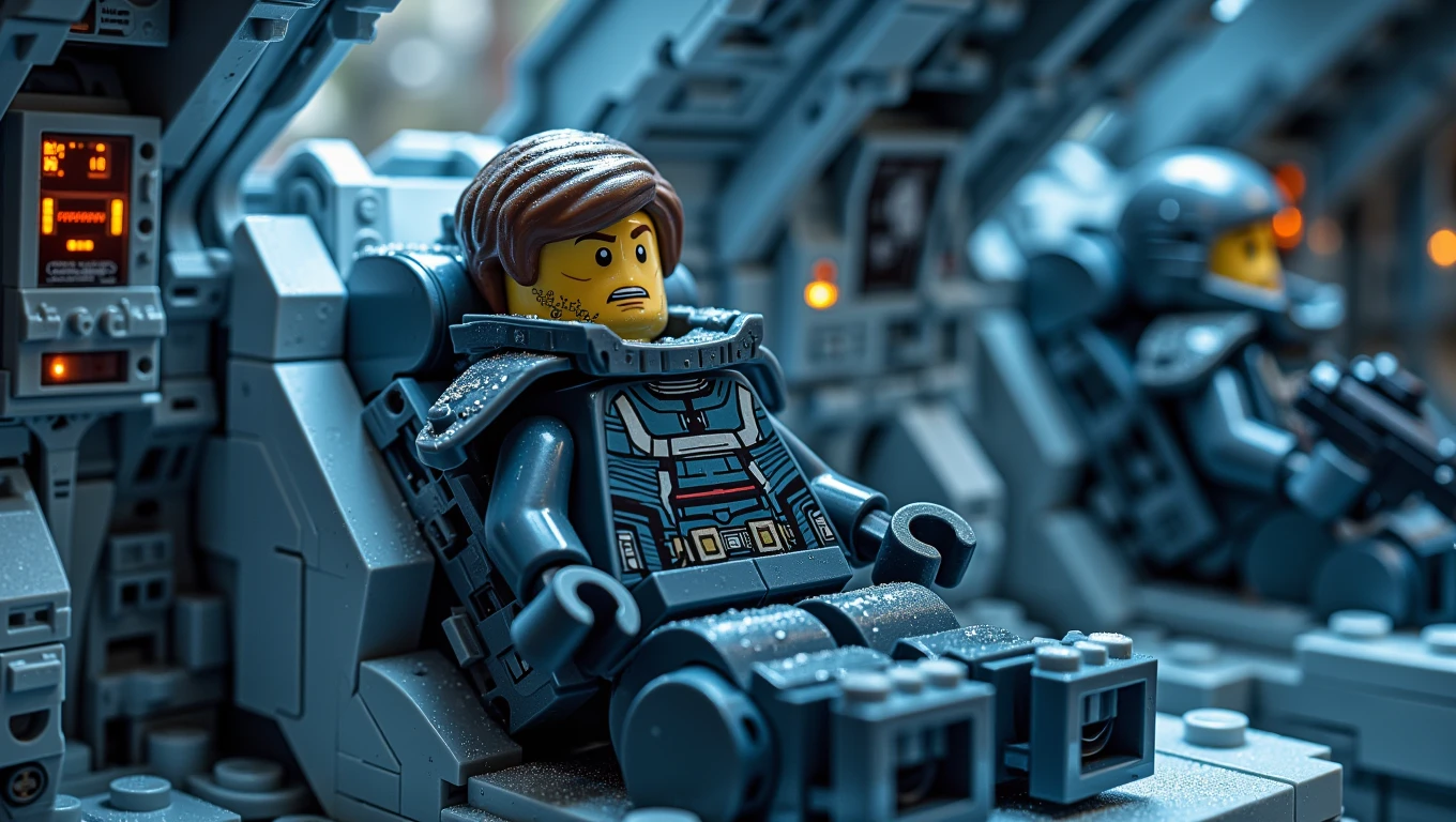 Lego. A space marine, clad in heavy, high-tech armor, lies in a cryo chamber as they are prepared for deep-space travel. The marineâs face is calm, with a slight hint of anticipation, as the cryo chamber fills with a freezing mist. The surrounding chamber is filled with advanced equipment, monitors displaying vital signs, and other marines in similar chambers. The style is cold and sterile, with a focus on the advanced technology and the marineâs readiness for the unknown   <lora:Cinematic_Lego:0.6>