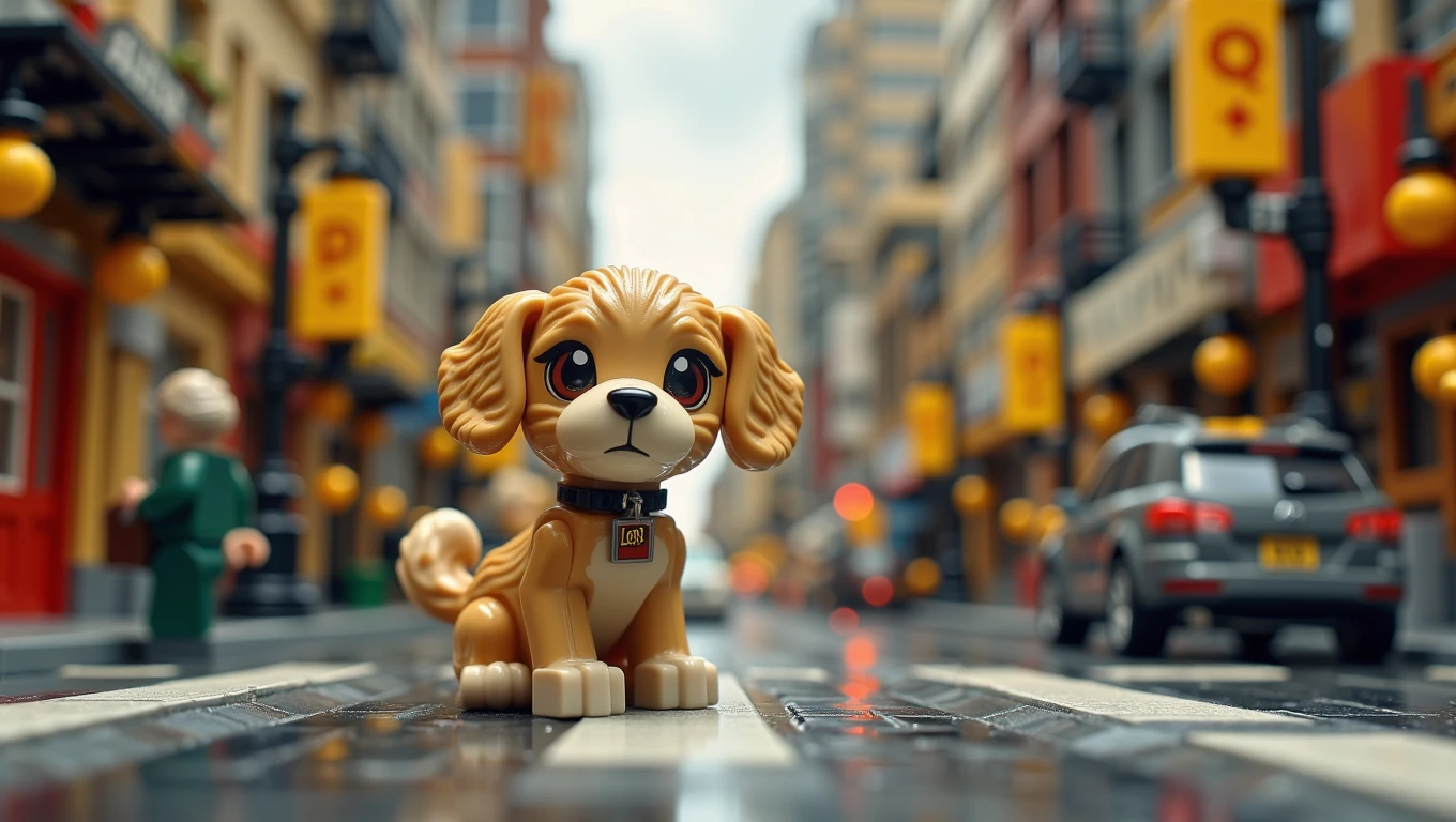 Lego. A tiny, fluffy puppy is sitting in the middle of a busy city street, looking up at the tall buildings with wide, confused eyes. The puppyâs ears are drooping, and it has a small collar with a tag that reads âLost.â Around the puppy, the city is bustling with people and cars, but the scene focuses on the puppyâs sense of being overwhelmed in such a big, unfamiliar world   <lora:Cinematic_Lego:0.6>