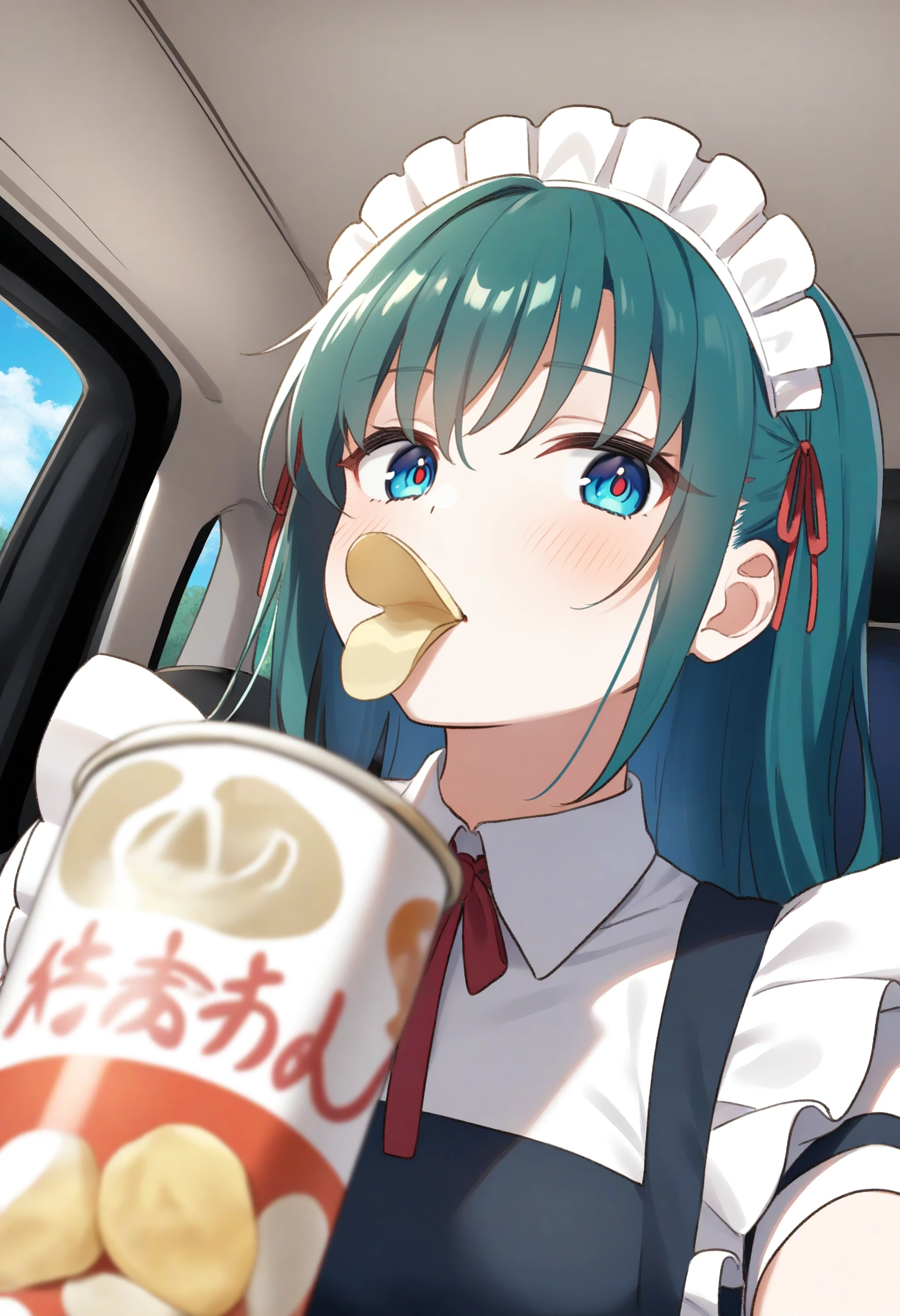 1girl,sincos, ningen mame, toosaka asagi,solo,medium breasts,20yo,maid,maid headdress,
pringle duck, potato chips, mouth hold, food in mouth, eating, <lora:pringleduck_XL_v1:0.7>
ceiling, fisheye lens, looking at viewer, aqua hair, silver eyes,bored, in car, closed mouth, disheveled hair,,
best quality, very aesthetic, absurdres