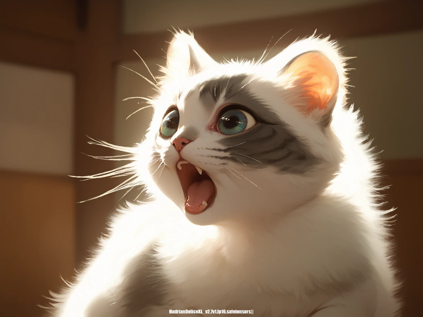 score_9,score_8_up,score_7_up,,baby cat,glowing hair,animal,open mouth,roar,realistic,photorealistic,