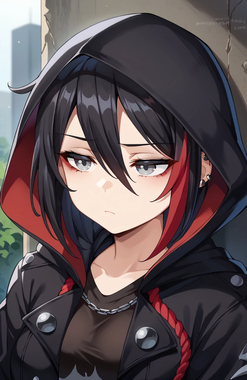 (score_9, score_8_up, score_7_up, score_6_up, source_anime),goth, black hair, red streak, grey eyes, black jacket, upper body, cropped torso, hood up, bored, tired,