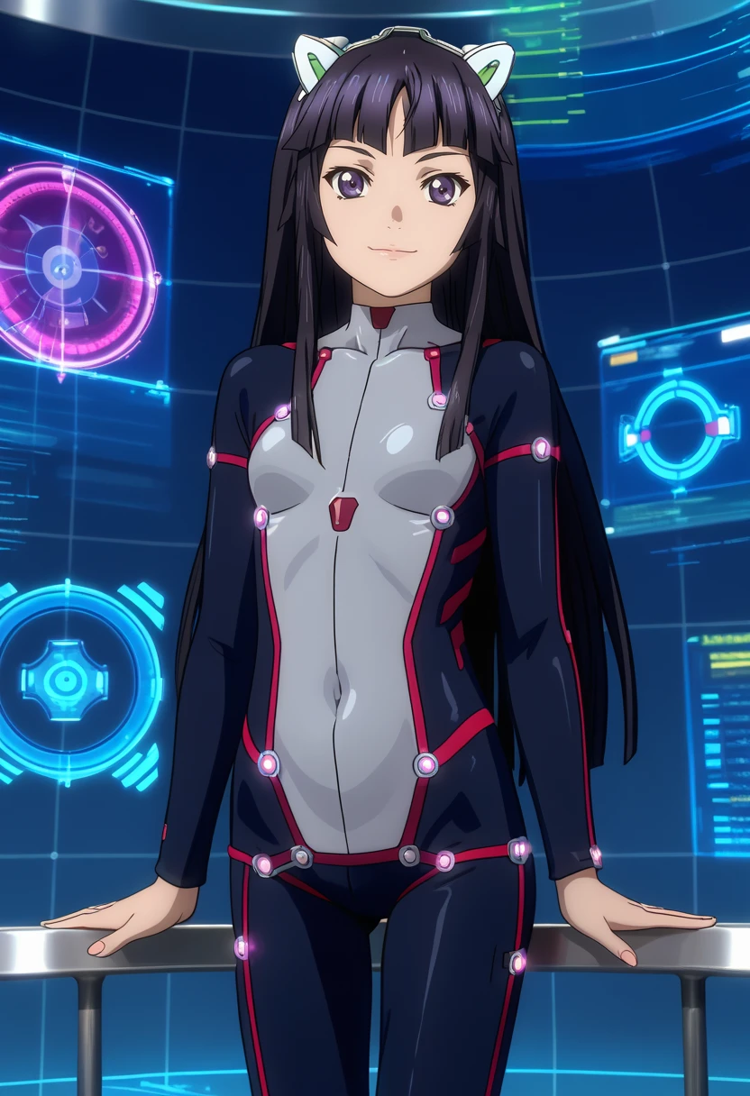 score_7_up, anime screencap,
<lora:GuiltyCrown_TsugumiXL:0.9>,
1girl, closed mouth, light smile,
long hair, black hair, hime cut, purple eyes, fake animal ears, hairband,
TsugumiSuit, two-tone suit, black bodysuit, grey bodysuit, neon trim, 
standing, looking at viewer, cowboy shot,
blurry background, blue background, holographic interface