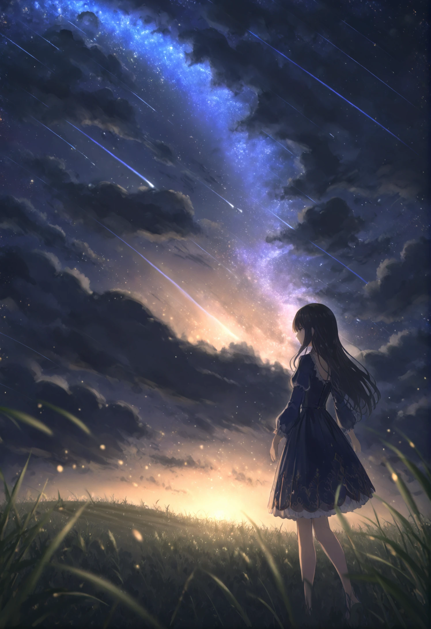 masterpiece, best quality, sky, scenery, 1girl, cloud, solo, blue theme, grass, night, outdoors, fantasy, star \(sky\), starry sky, silhouette, cloudy sky, night sky, light particles, standing, long hair, field, dress 
 <lora:hidulmeXLlokr4f-000178:0.95>