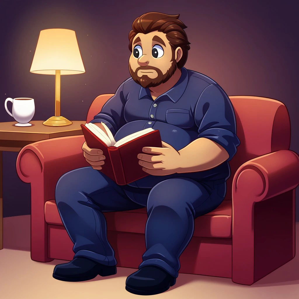 robust and fat man, cartoon, black eyes, round nose, dark blue short shirt, navy blue pants, full body, close up, with a strong build and a prominent belly, thick, dark beard that covers most of his jaw and cheeks, hair, detail background, best quality, highly detailed, big eyes, round eyes, solo, brown beard, brown hair, dark lighting, black shoes, looking to book, sitting on a sofa in the living room, reading a book. looking book, The room is decorated with cozy furniture, a lit floor lamp, and a table with a cup of coffee. The scene is warm and relaxed, with soft lighting and a homely atmosphere, sofa, sitting