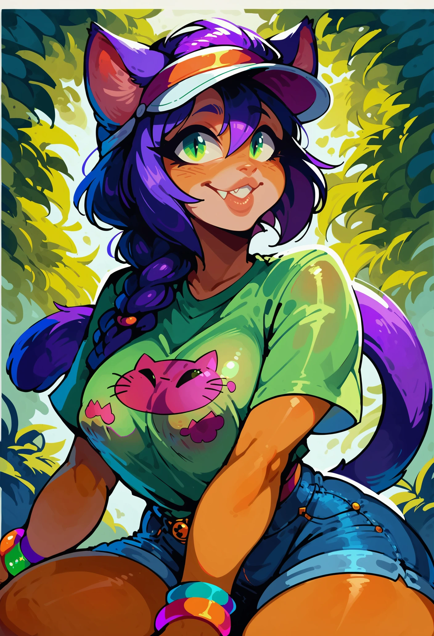 score_9, score_8_up, score_7_up,
 sexy female, cat girl, (orange skinned), purple cat ears, white visor cap, (hair between eyes, single braid, purple hair), sidelocks, green eyes, fang, full lips, green and white t-shirt, large natural breasts, multiple bracelets, covered nipples, denim short shorts, thick thighs, cat tail, feet out of frame,
<lora:DetailedEyes_V3:1> <lora:Luminous_Rhapsody:0.7>