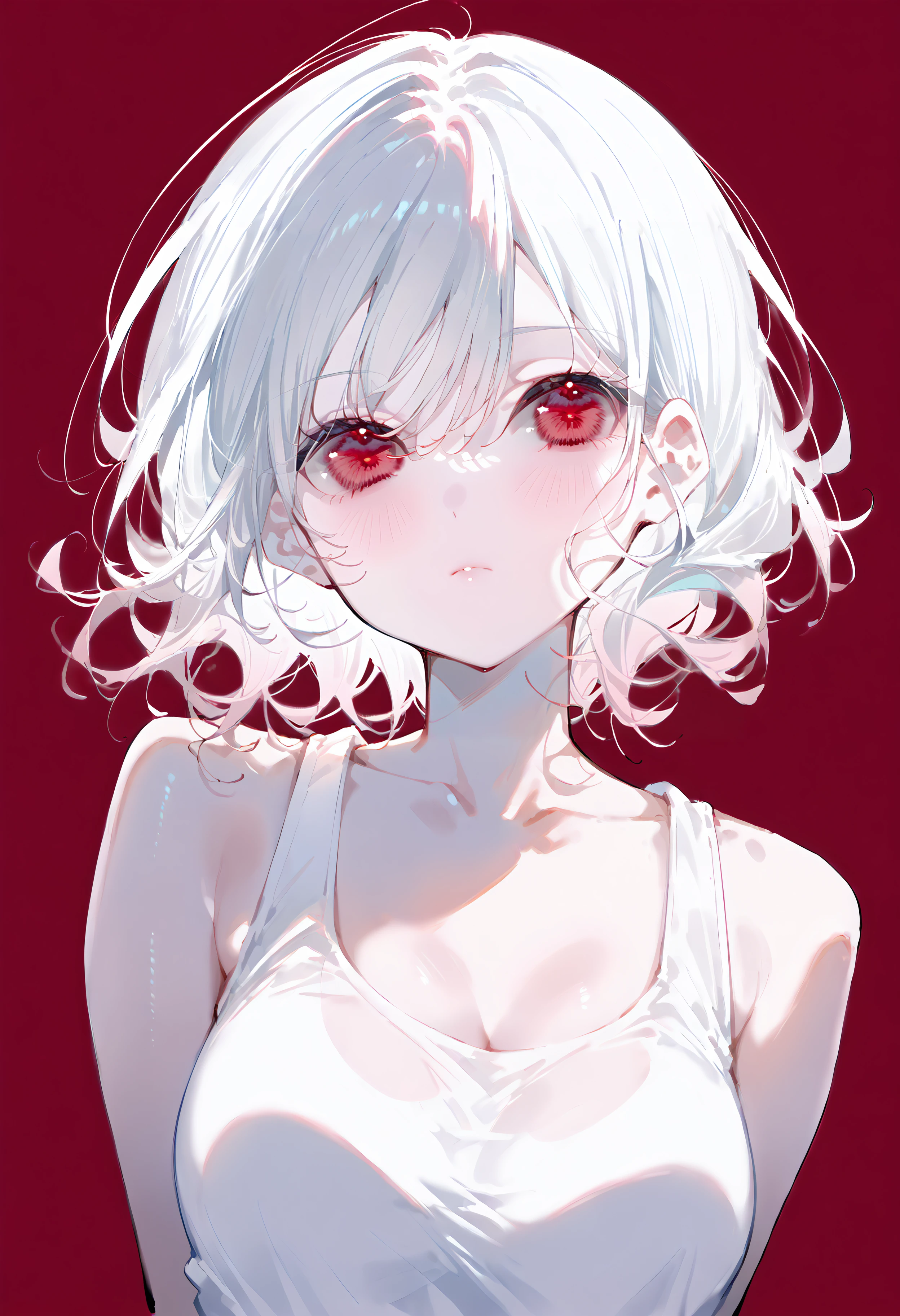 score_9, score_8_up, score_7_up, best quality, source_anime BREAK, 1girl, white hair, short hair, straight hair, wavy hair, red eyes, expressionless, looking at viewer, medium breasts, white tank top, red background, pale skin, bangs, blush, <lora:ragragko:1>