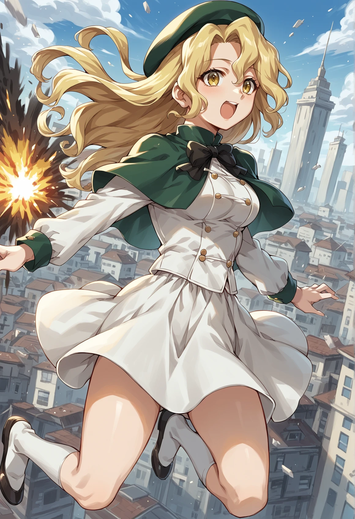 1girl, medium breasts, long hair, yellow eyes, blonde hair, curly hair, white shirt, capelet, ribbon, beret, open mouth, explosion, outdoors, city, jumping  <lora:ROD:1>, score_9, score_8_up, score_7_up, score_6_up, score_5_up, score_4_up, BREAK source_anime, masterpiece