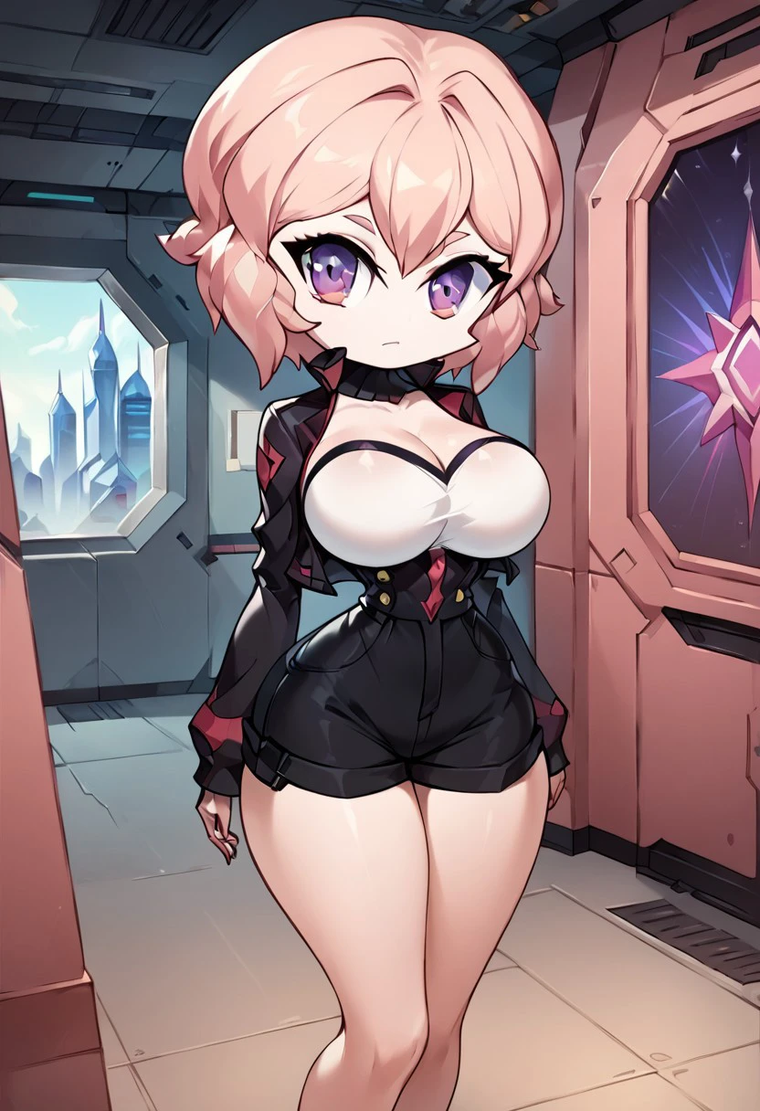 score_9, score_8_up, score_7_up, masterpiece, best quality, spaceship, Room, (very beautiful eyes, big thighs, thin waist, big breasts), 1girl, SAM, Pink hair, purple eyes, short hair, Jacket, shorts, chibi