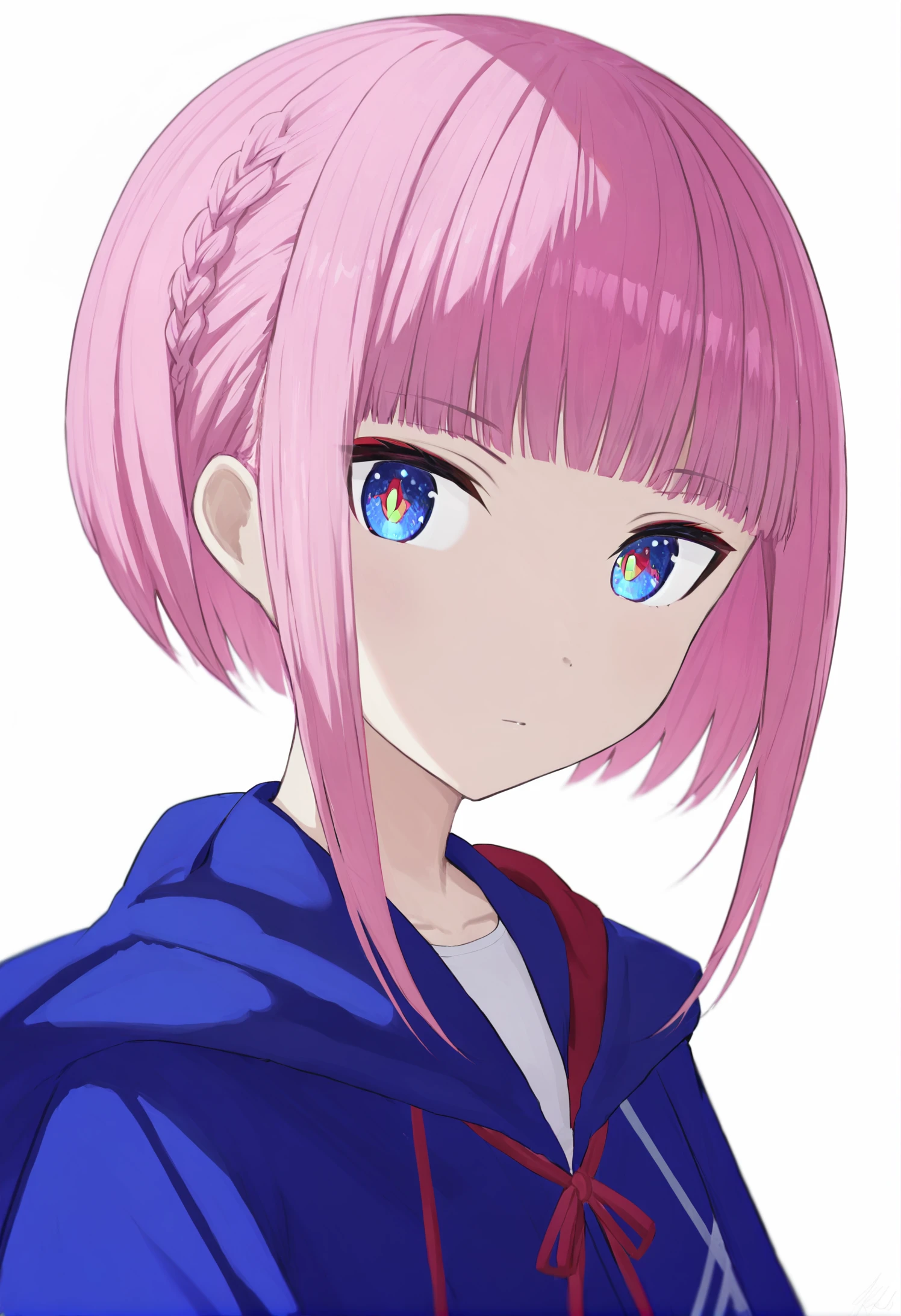 masterpiece, best quality, kaf \(kamitsubaki studio\), 1girl, virtual youtuber, solo, pink hair, braid, looking at viewer, multicolored eyes, yellow pupils, red ribbon, shirt, hood, blue eyes, ponytail, jacket, white background, hood down, closed mouth, ribbon, expressionless, collared shirt, neck ribbon, hooded jacket, upper body, blue jacket, simple background, blunt bangs, french braid, long hair, portrait, floating hair 
 <lora:hidulmeXLlokr4f-000178:0.95>