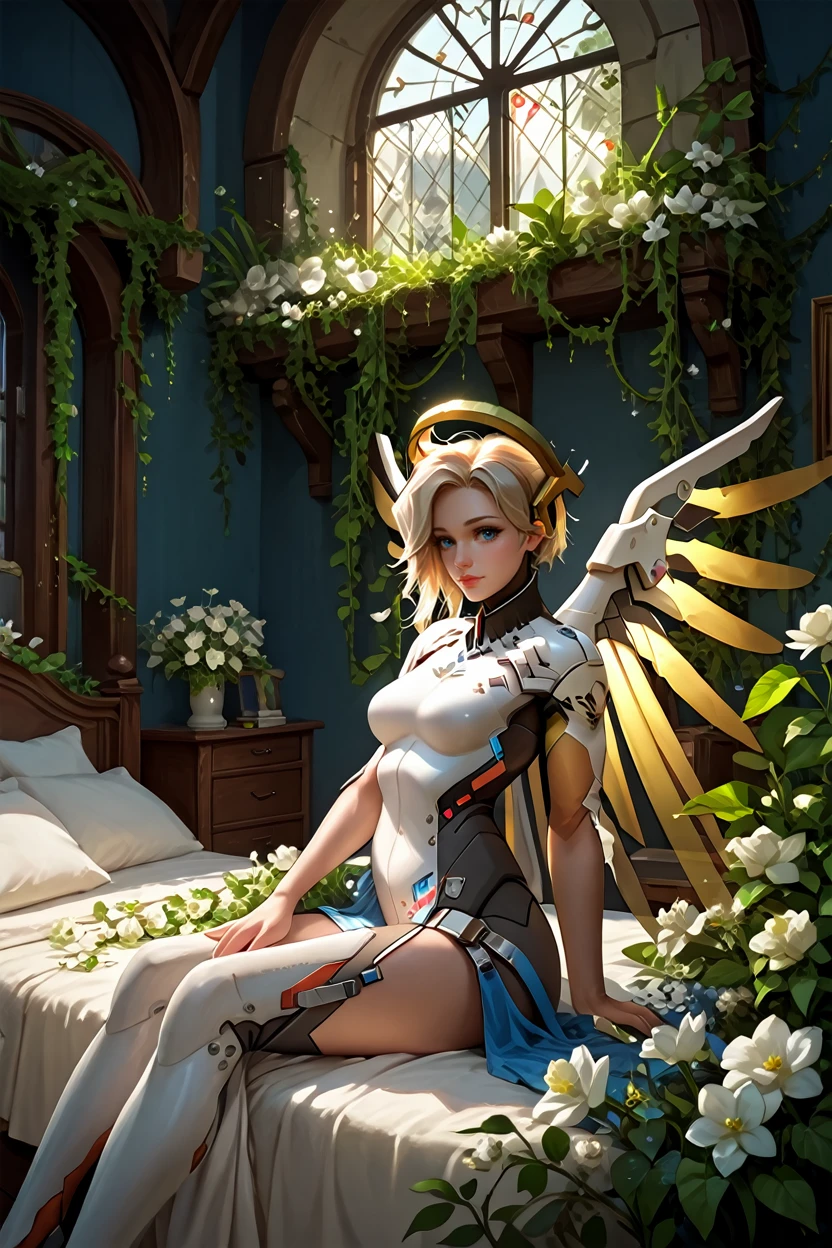 score_9, score_8_up, score_7_up
<lora:OMercy:1.0>
OMercy, 1girl, blonde hair, blue eyes, mechanical halo, mechanical wings, looking at viewer, indoors, overgrowned, bedroom, flowers, white flowers, vines