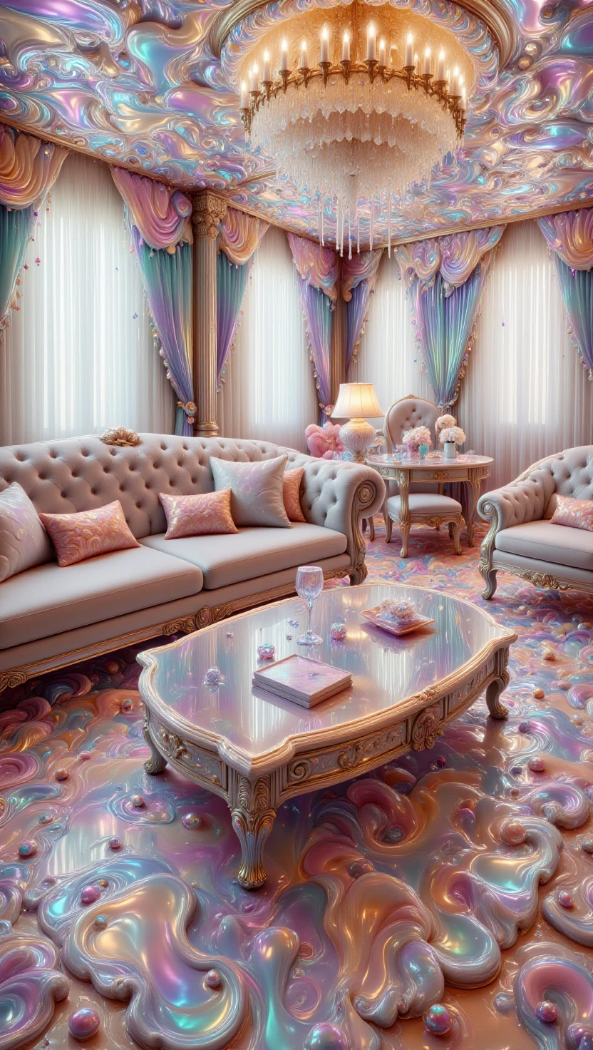 a luxurious jelly living room with couch and coffee table made out of iridescent jelly, highly decorated, 