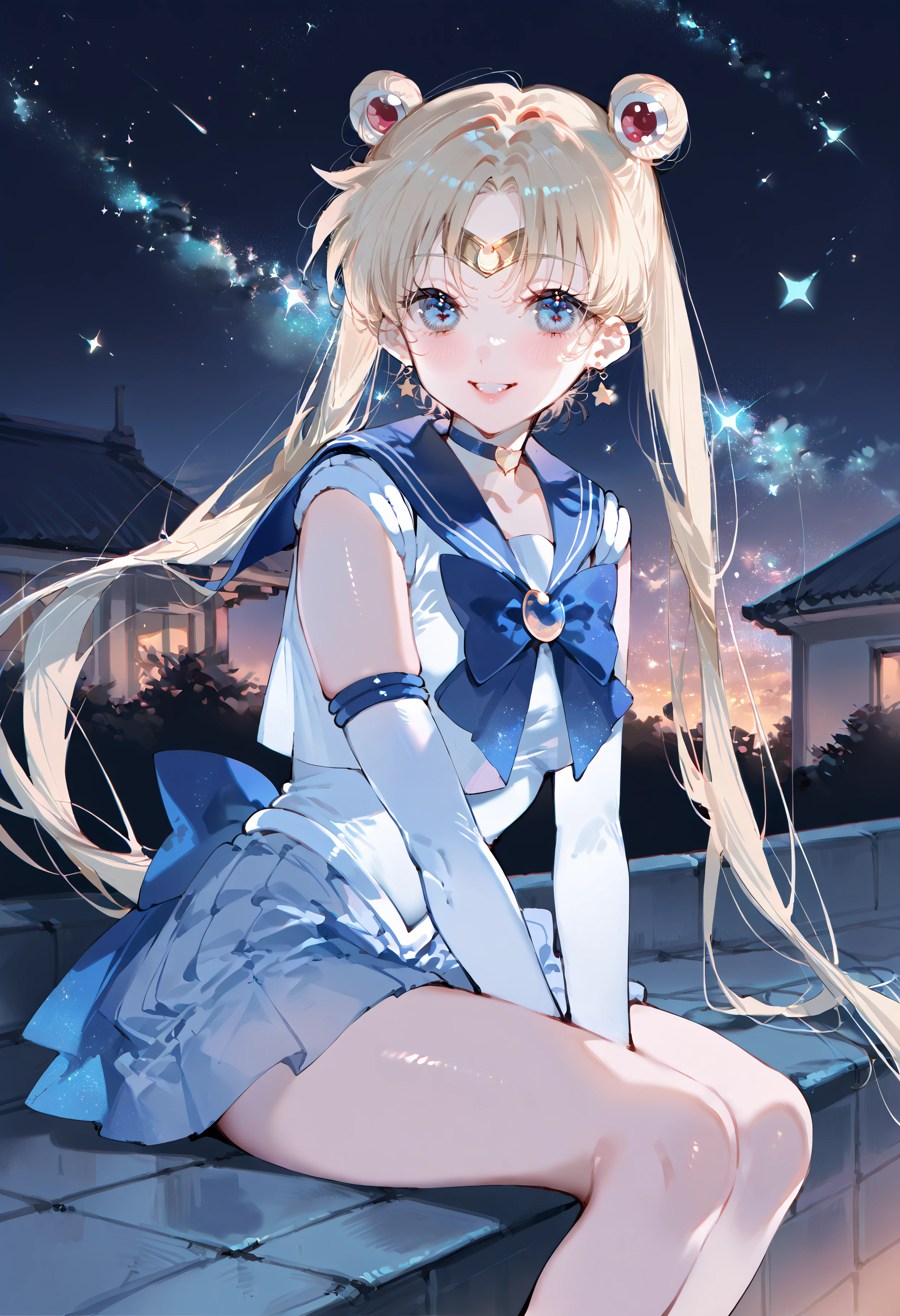 score_9, score_8_up, score_7_up, best quality, source_anime BREAK, 1girl, solo, sailor moon, smile, star \(sky\), night sky, blush, sitting on rooftop, looking at the sky, white elbow gloves, <lora:ragragko:1>