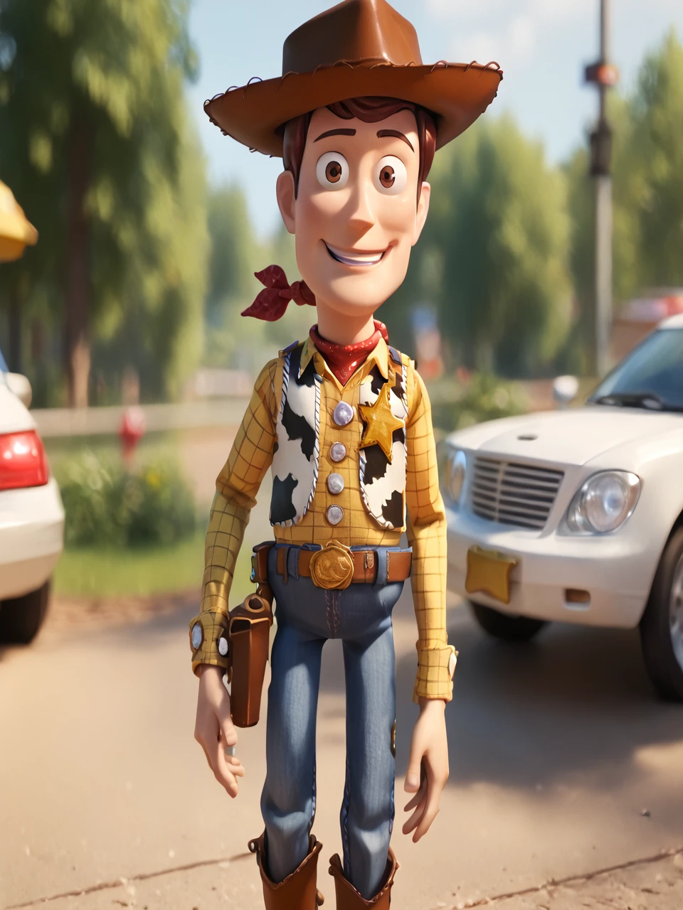 score_9, score_8_up, score_7_up,  score_6_up, BREAK, ToyWoody, solo, 1boy, brown eyes, smile, looking at viewer, brown hair, cowboy hat, pants, belt, vest, yellow shirt, cowboy boots, red bandana, jeans, holster,  sheriff badge  <lora:Woody_Sheriff-000009:1>