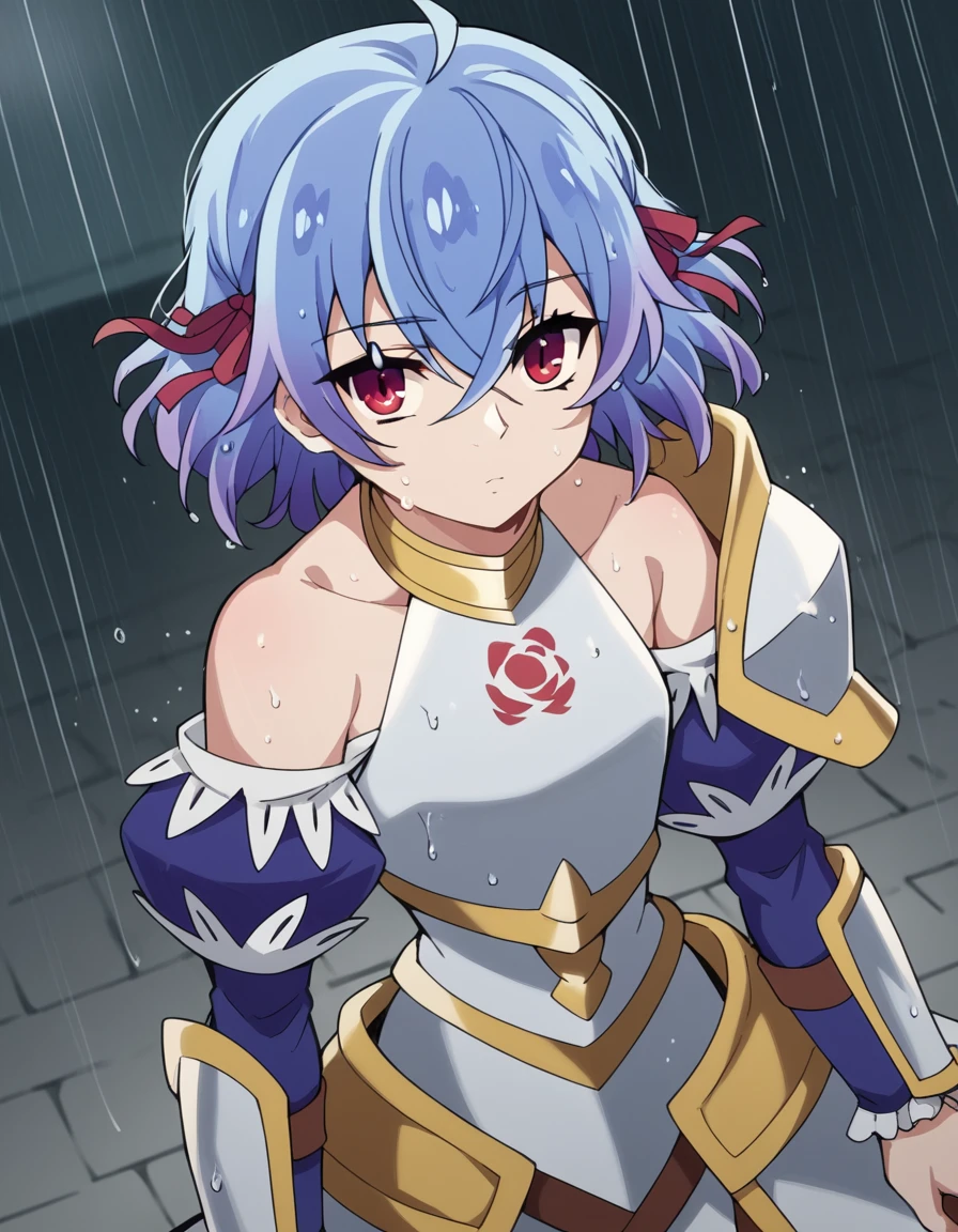 score_9, score_8_up, score_7_up, source_anime, <lora:ruti-ragnason-s1-ponyxl-lora-nochekaiser:1>, ruti ragnason, short hair, red eyes, ribbon, blue hair, hair ribbon, ahoge,, dress, bare shoulders, detached sleeves, armor, breastplate,, rainy day, umbrella, walking home, puddles, wet hair, , looking at viewer, knee bent, hand on knee, arm out to side, solo,, cowboy shot, dutch angle
