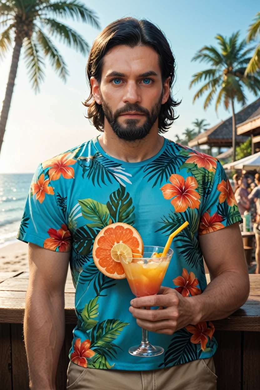 score_9, score_8_up, score_7_up, score_6_up
<lora:AWAlan:1.0>
AWAlan, 1boy, black hair, beard, blue eyes, looking at viewer, male model in a vibrant tropical shirt, standing next to a palm tree, beach bar in the background, holding a colorful cocktail, festive atmosphere