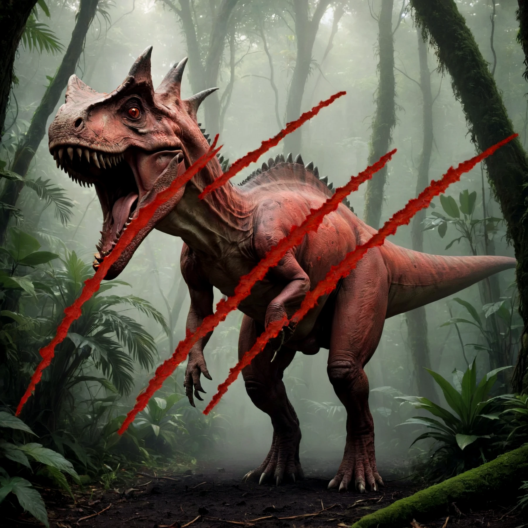 Dinosaur in a steamy jungle. 
BREAK
Blood red scratches.

<lora:TripleScratch01-00_CE_SDXL_128OT:0.9> trplscrtchCE