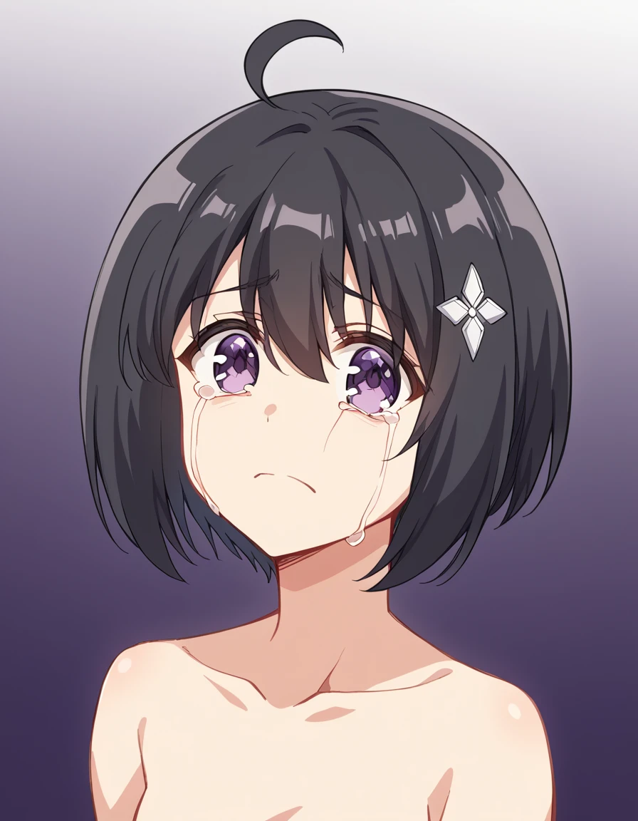 score_9, score_8_up, score_7_up, source_anime, <lora:bofuri-maple-s2-ponyxl-lora-nochekaiser:1>, maple, short hair, bangs, black hair, hair ornament, purple eyes, ahoge, bob cut,, <lora:streaming-tears-ponyxl-lora-nochekaiser:1>, streaming tears, crying, tears,, crying with eyes open, nude, collarbone, gradient background, portrait, looking at viewer, straight-on,, , cowboy shot, dutch angle