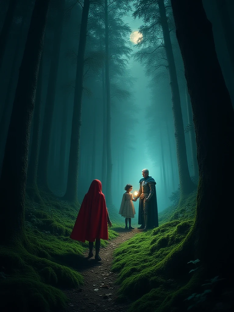 A deep, dark forest where the trees seem to whisper secrets. The forest floor is covered in a thick carpet of moss, and beams of moonlight pierce through the dense canopy. A young girl with a red cloak cautiously steps through the underbrush, followed closely by a brave knight in armor. They are guided by a glowing orb held by an elderly woman, whose eyes seem to hold the wisdom of ages. , xplus  <lora:XPlus_fairy_v1:1>