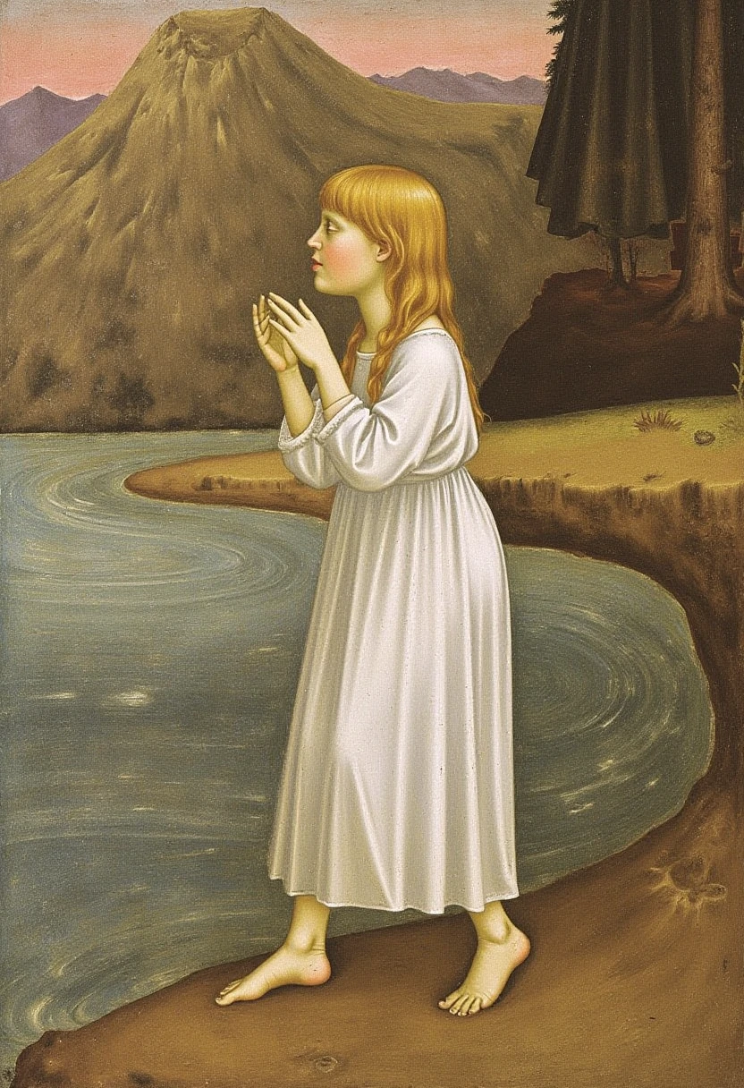 A medieval painting in the style of Giotto about a little girl opposite a lake, barefoot, blonde, with white dress, she is walking on the shore, feet wet by water, 10 years old, slim