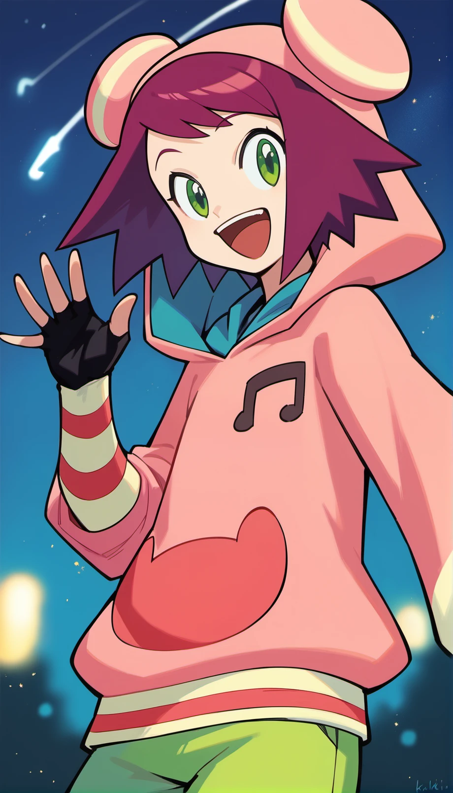 score_9,score_8_up,score_7_up,
<lora:soniastrumm:0.8>,
highres,
misorahibiki,
1girl,solo,
purple hair,short hair,bangs,
green eyes,looking at viewer,
open smile,
bear ears hooded hat,pink sweatshirt,(a musical note printed on the hoodie:0.9),
long fingerless gloves,
green shorts,
upper body,waving,
blurry background,outdoors,night,starry background,shooting star,bloom,light particles,lens flare,lens flare abuse,