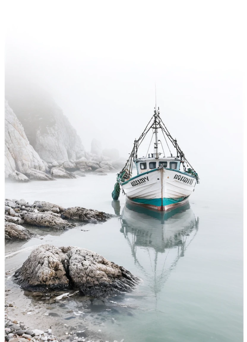 highkey, fishing boat, ocean, foggy, white background, outside, nets, fishing, rocks,
 <lora:Highkey-SDXL:1>