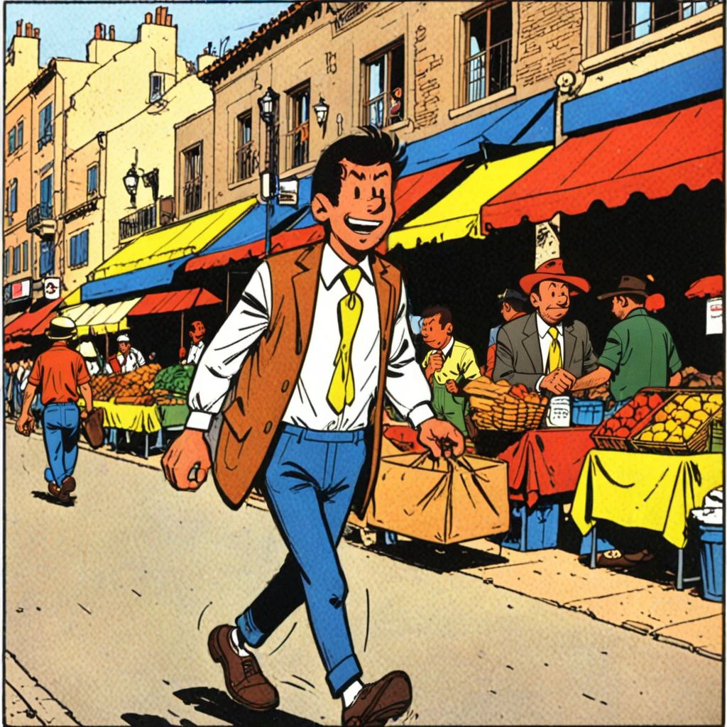 happy man walking, street, vendors
<lora:GilJordan:1> comic book stye