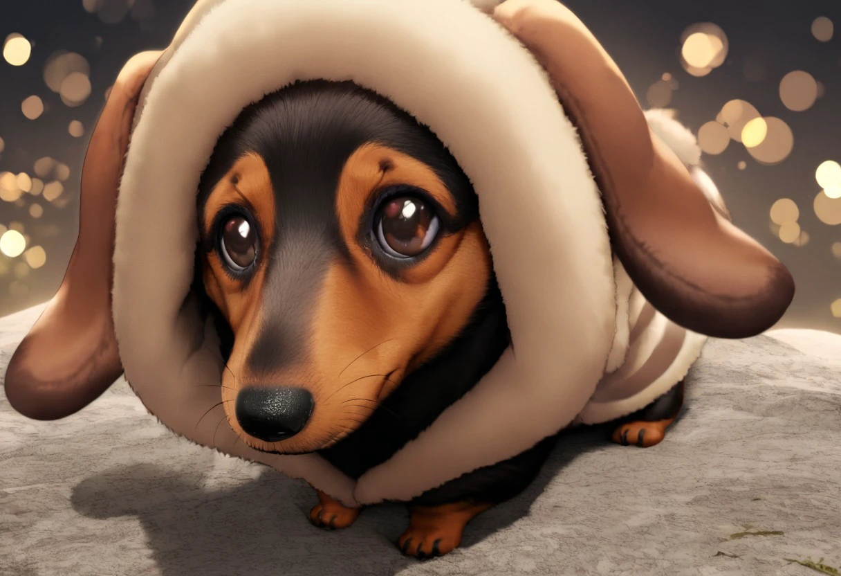 no humans, dachshund, dog, cute, brown and black fur, floppy ears, yunadog, standing top a mountain in a eskimo coat, her long snout pokes through the hood.
, best quality, masterpiece, very aesthetic, absurdres, bokeh
 <lora:Yuna_dog-000008:1>