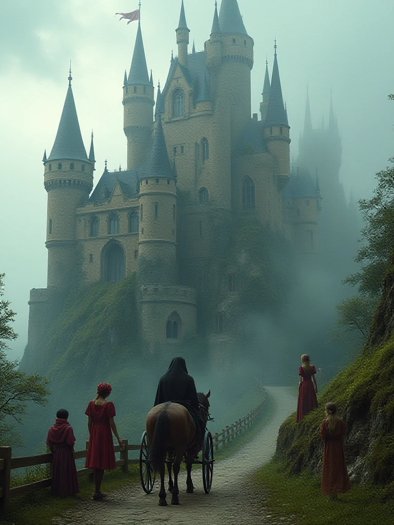 A mystical castle perched atop a hill, shrouded in morning mist. The castle is ancient with tall spires, stained glass windows, and ivy creeping up its stone walls. A horse-drawn carriage approaches the castle, driven by a cloaked figure, while a group of villagers in colorful attire look on curiously from a distance. A young princess stands on a balcony, gazing towards the carriage with anticipation. , xplus  <lora:XPlus_fairy_v1:1>