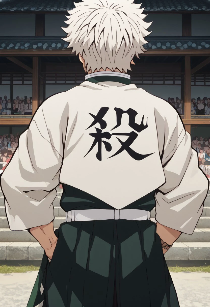 score_9, score_8_up, score_7_up, source_anime, rating_safe, SanemiDS, white_Sanemi_hair, 1boy, male focus, anime screencap, black_clothes writing, white_Sanemi_haori, dark green-white_Sanemi_open jacket, facing away, from behind, hands in pockets,