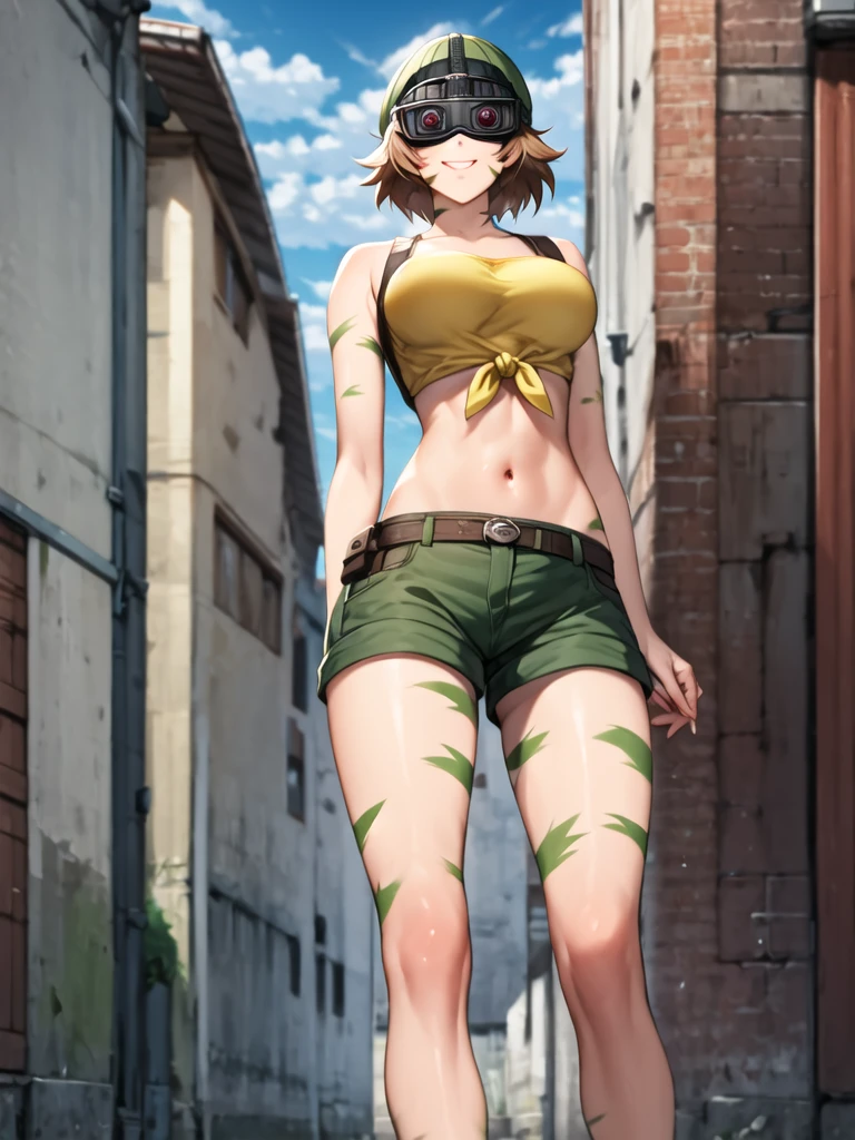 <lora:Toko_Amada_SD15:0.9>, Toko Amada, short hair, brown hair, breasts, scar, green hat, googles, googles on head, tied shirt, midriff, navel, green shorts, 1girl, standing, alone, looking at the viewer, masterpiece, highres, highly detailed face, highly detailed shining eyes, symmetrical highly detailed eyes, city background, street, walking down the street, sidewalk