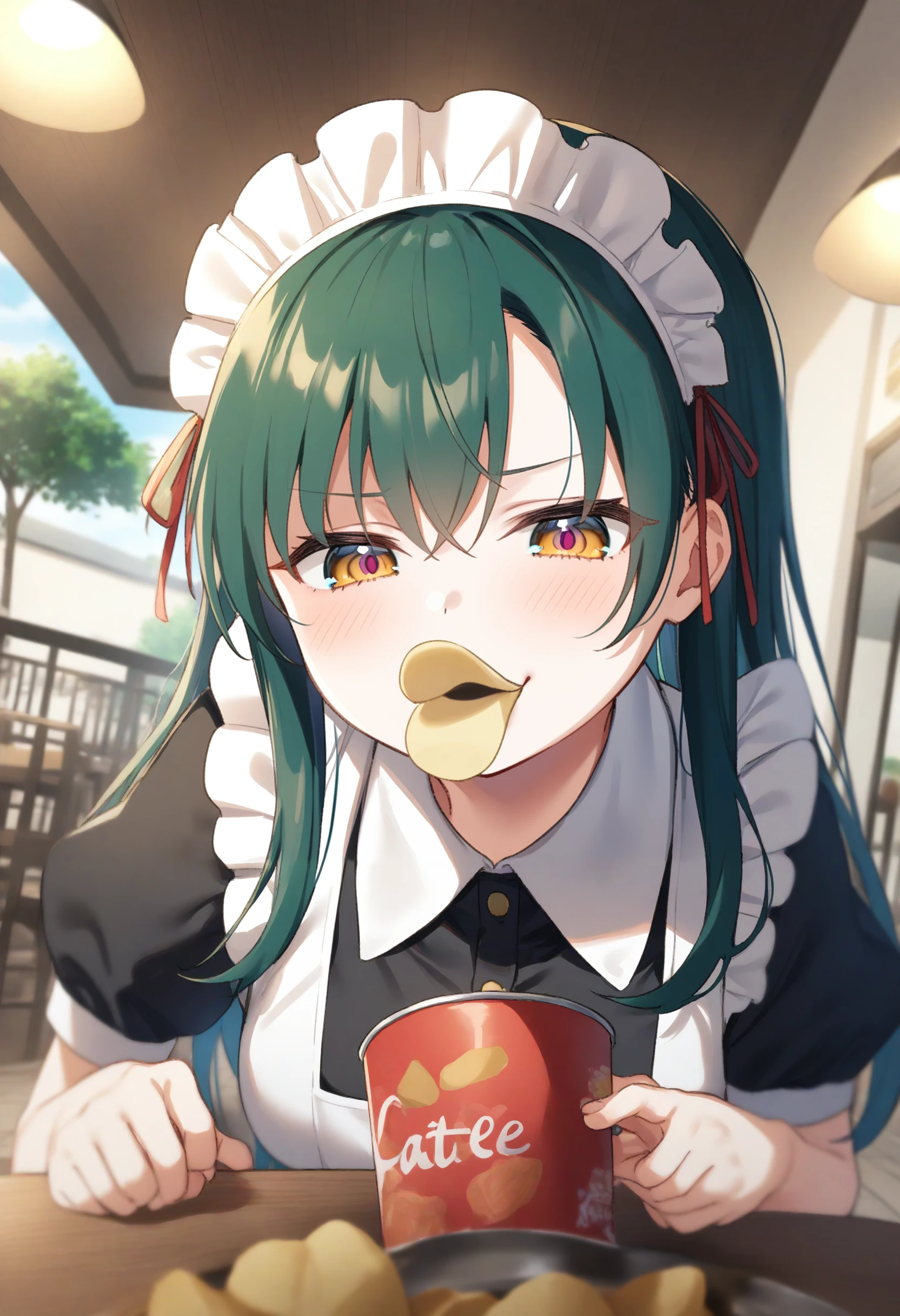 1girl,sincos, ningen mame, toosaka asagi,solo,medium breasts,20yo,maid,maid headdress,
pringle duck, potato chips, mouth hold, food in mouth, eating, <lora:pringleduck_XL_v1:0.7>
ceiling, fisheye lens, looking down, green hair, golden eyes,sad smile, cafe terrace, closed mouth, hime cut hair,,
best quality, very aesthetic, absurdres