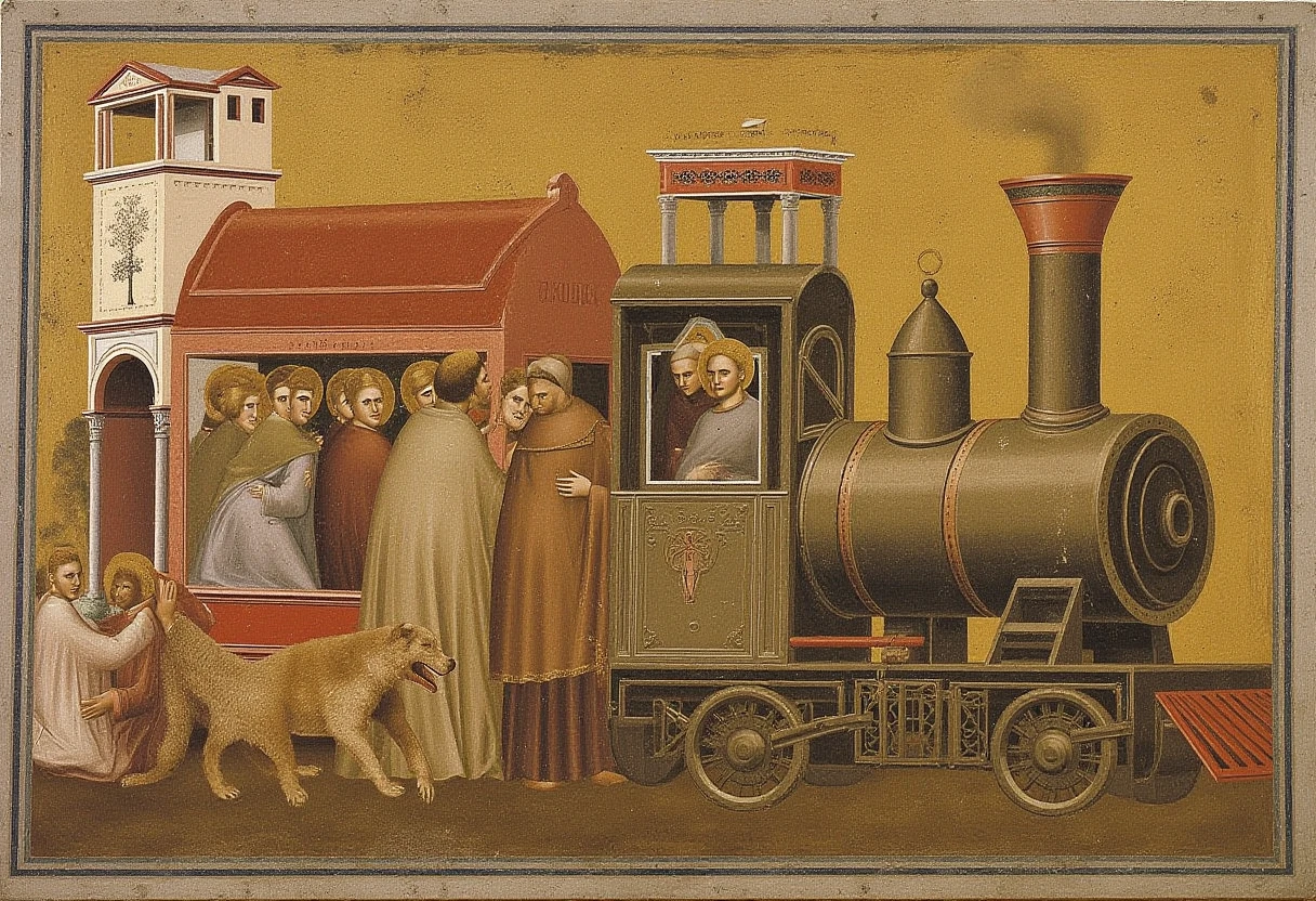 A medieval painting in the style of Giotto about monks driving a train