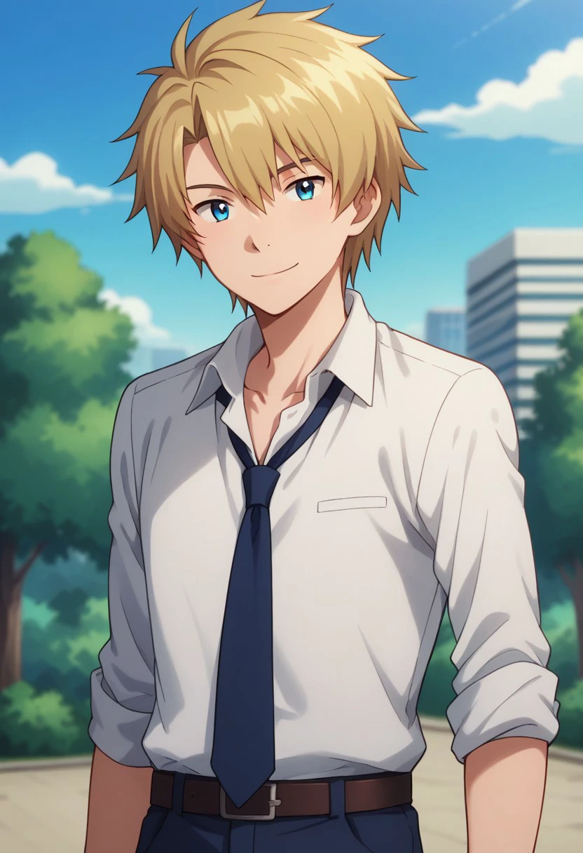 score_9, score_8_up, score_7_up, source_anime, highly detailed, 
yamatri, 1boy, male focus, solo, necktie, shirt, belt,  pants, blue necktie, smile, blue eyes, white shirt, school uniform, looking at viewer, blonde hair, sleeves rolled up, collared shirt, upper body,
outdoor, sky, tree