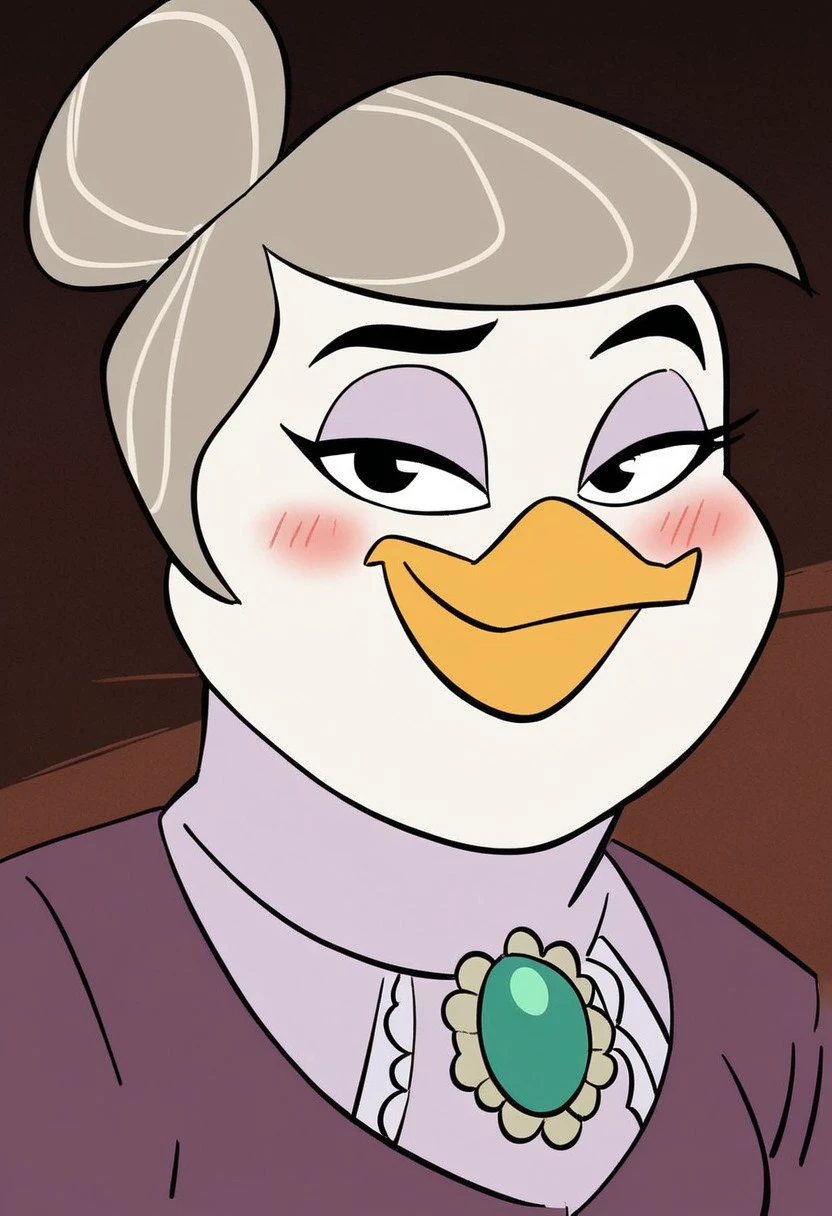 score_7_up, score_8_up, score_9, masterpiece, perfect face, perfect hands, high quality,
Bentina Beakley 2017, Ducktales 2017, solo, female, 1girl, anthro, cartoon, anthro duck, yellow beak,
dark purple jacket, light purple undershirt, green brooch,
gray hair, hair bun, light purple eyeshadow,
smiling, looking at viewer, bedroom eyes, facing forward, gentle eyebrows, blushing,
headshot, head view,