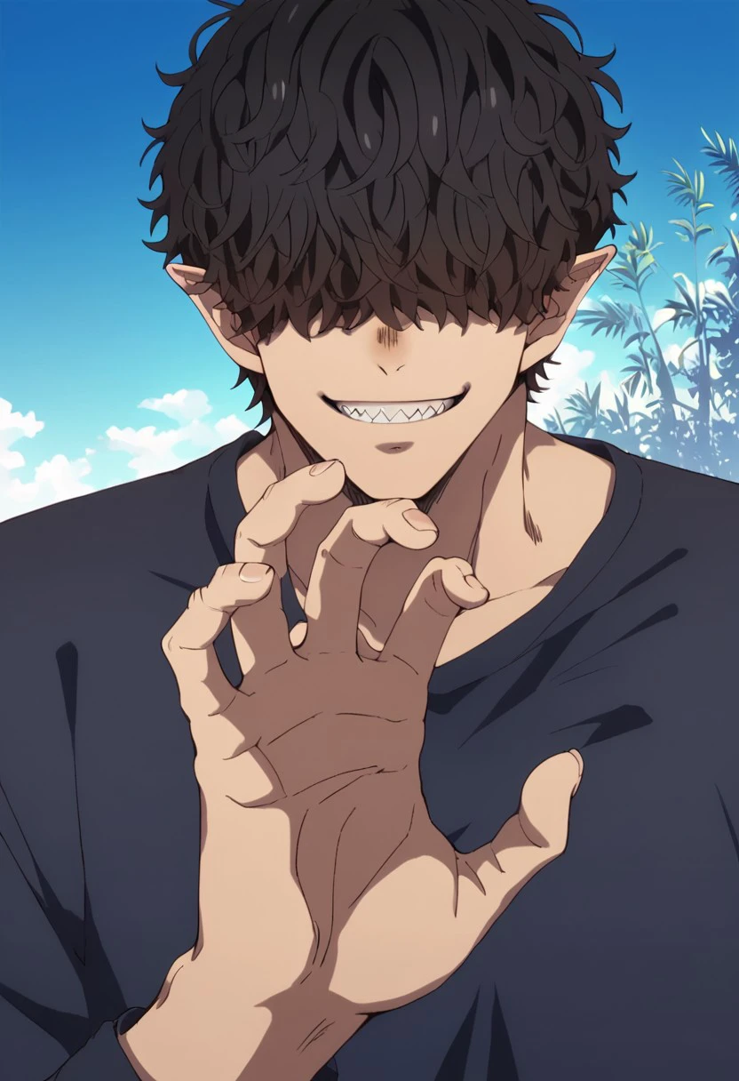 score_9,score_8_up,score_7_up,score_6_up,score_5_up, source_anime, teeth,claw pose, grinning,smile,detailed background, mature, man, male focus, 1boy, blue sky background, hair over eyes, pale skin, pointy ears, black hair