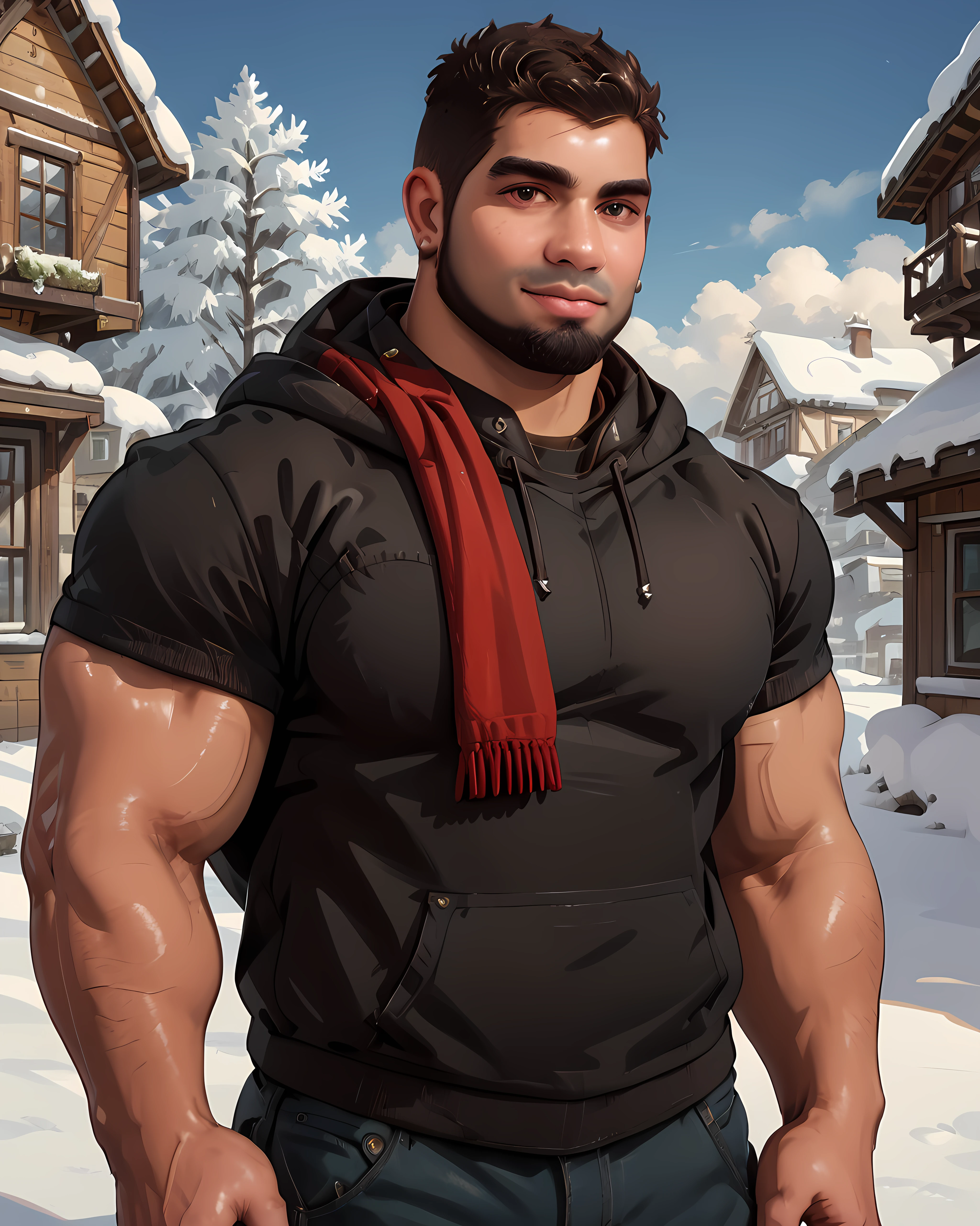 dom_santiago, black hoodie, snow, winter, scarf, town, cloudy, simple background, beard, cowboy shot, looking at viewer, (muscular:1.2) <lora:Dom_Santiago_PonyXL-10:0.95>, score_9, score_8_up, score_7_up,